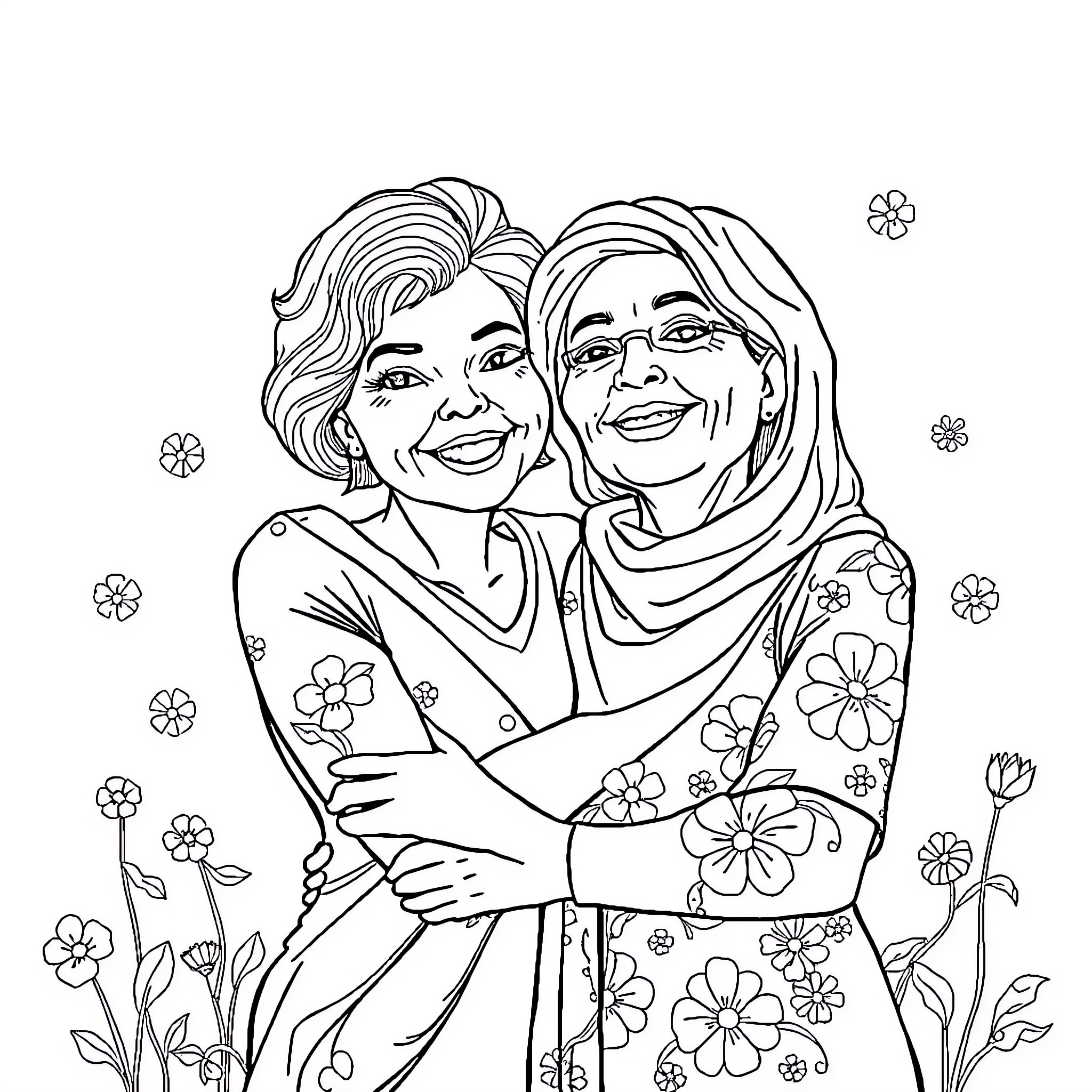 Mom and daughter embracing with floral accents Coloring Page (free black-and-white line drawing printable PDF for all, from beginners to advanced learners, including children, teens, adults, and seniors)