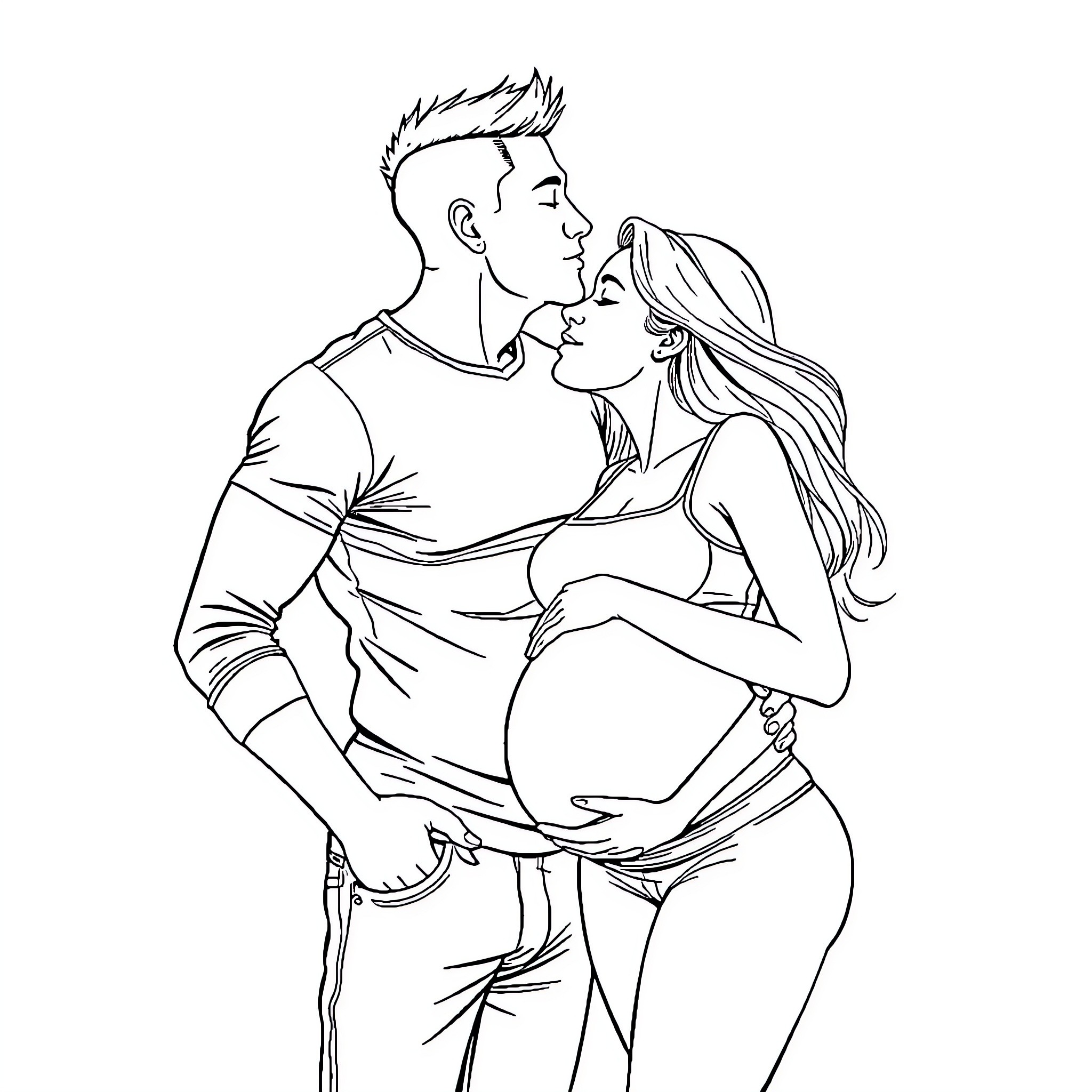 Man embracing pregnant woman affectionately Coloring Page (free black-and-white line drawing printable PDF for all, from beginners to advanced learners, including children, teens, adults, and seniors)