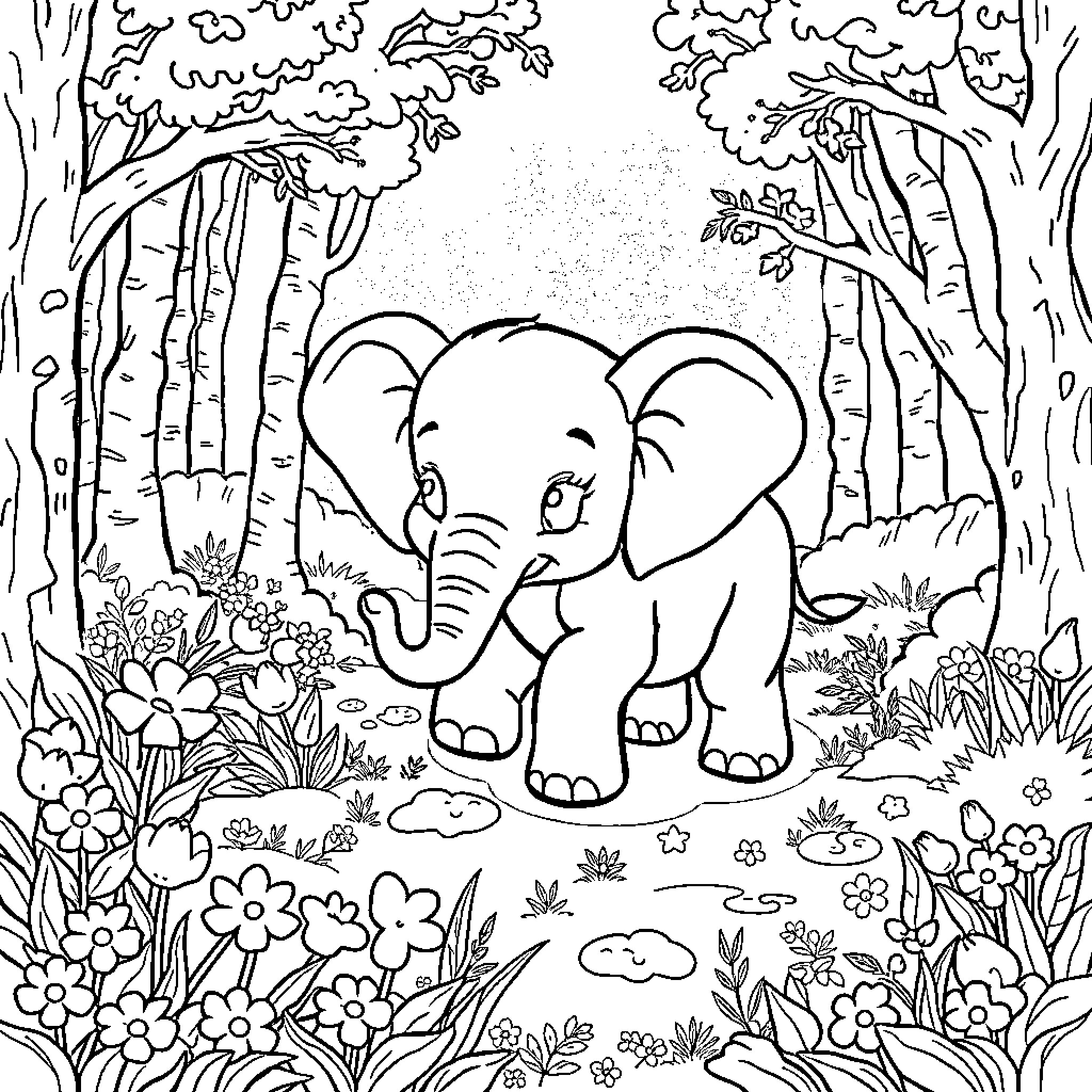 Elephant exploring the lush forest landscape Coloring Page (free black-and-white line drawing printable PDF for all, from beginners to advanced learners, including children, teens, adults, and seniors)