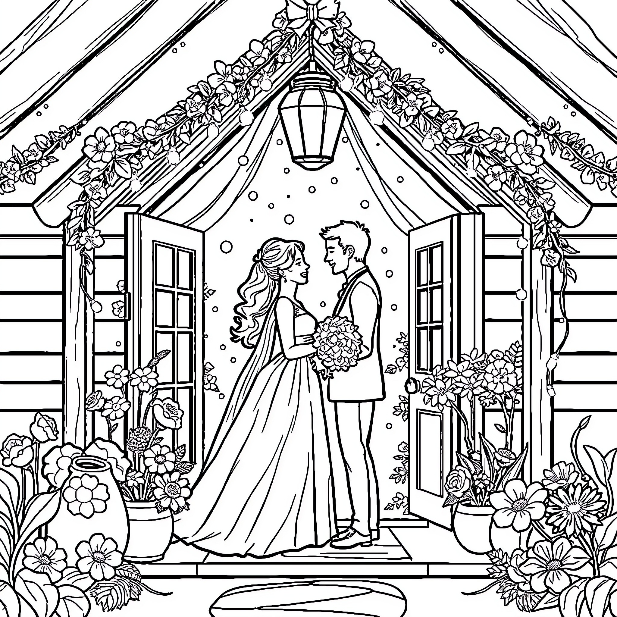 Engagement Celebration in a Floral Gazebo Coloring Page (free black-and-white line drawing printable PDF for all, from beginners to advanced learners, including children, teens, adults, and seniors)