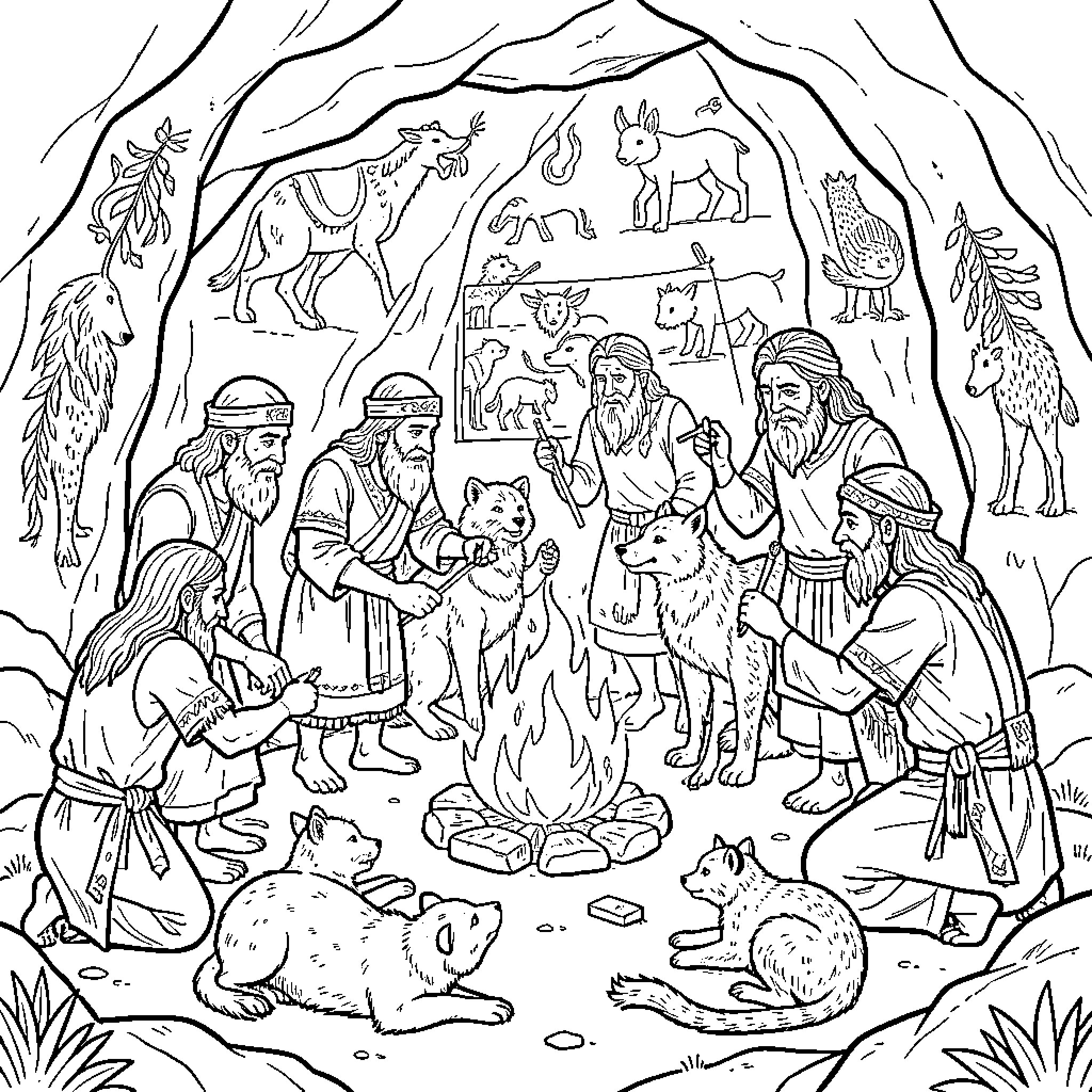 Prehistoric people gathering around a campfire with animals Coloring Page (free black-and-white line drawing printable PDF for all, from beginners to advanced learners, including children, teens, adults, and seniors)