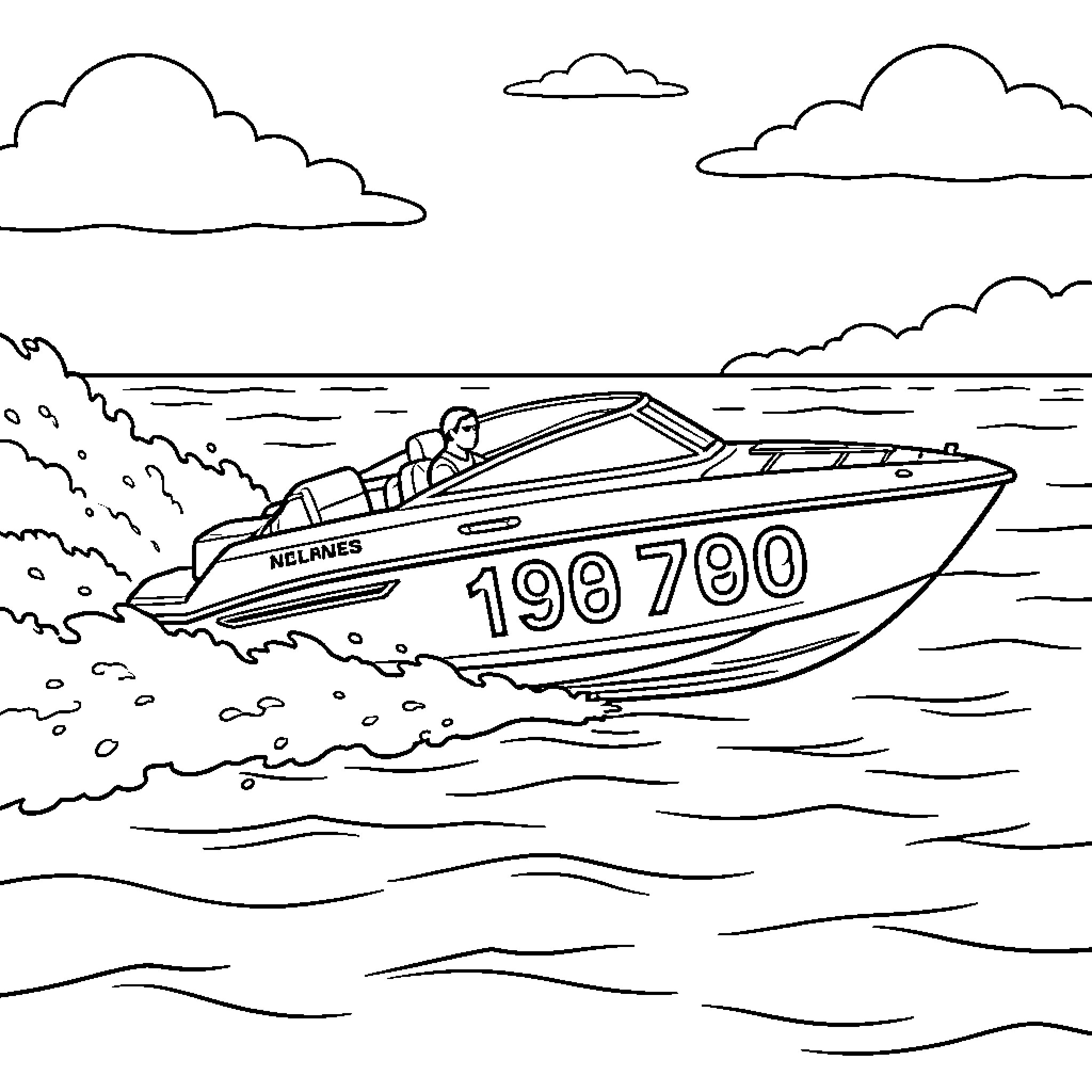 Speed Boat racing through waves in the ocean Coloring Page (free black-and-white line drawing printable PDF for all, from beginners to advanced learners, including children, teens, adults, and seniors)