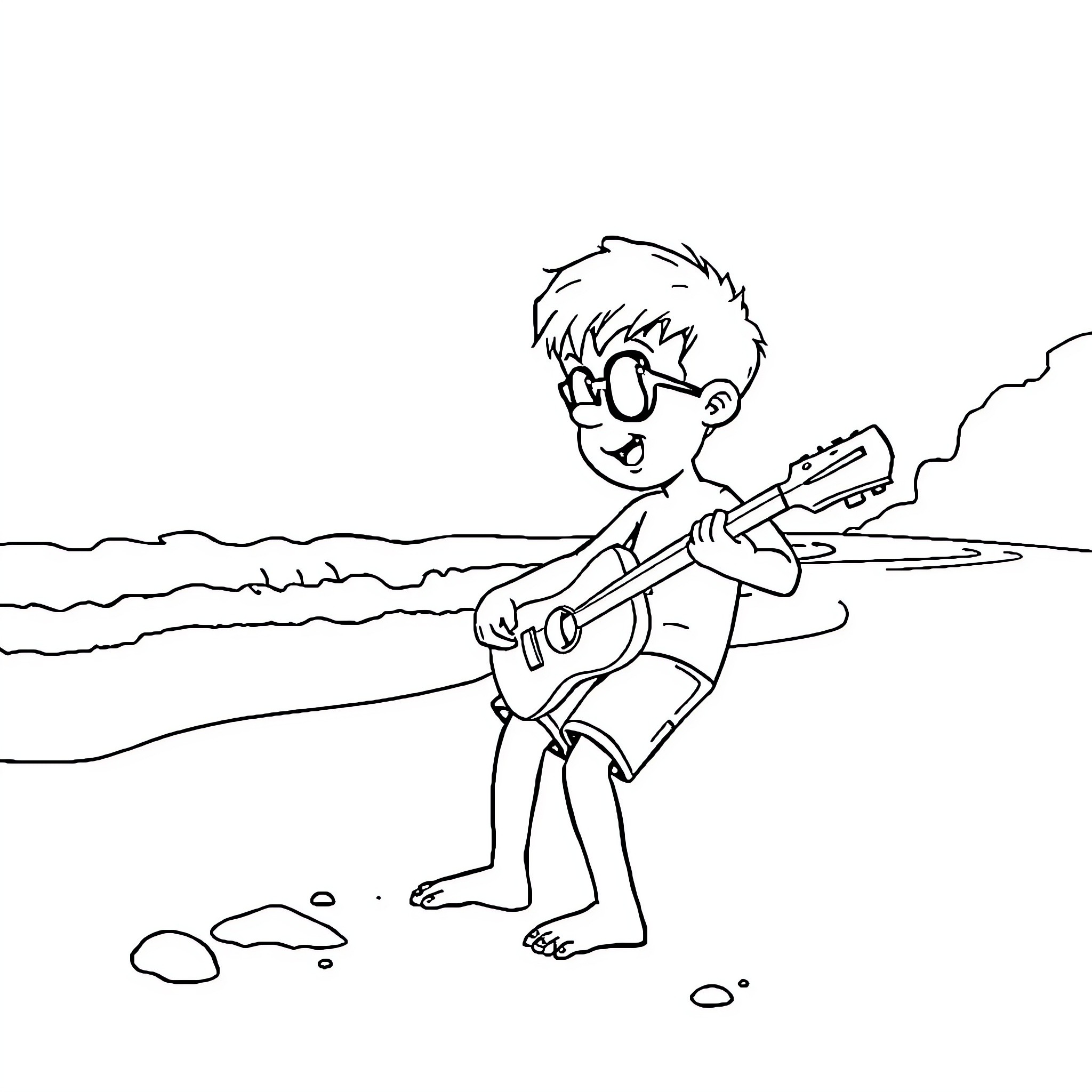 Bartolito playing guitar on the beach Coloring Page (free black-and-white line drawing printable PDF for all, from beginners to advanced learners, including children, teens, adults, and seniors)