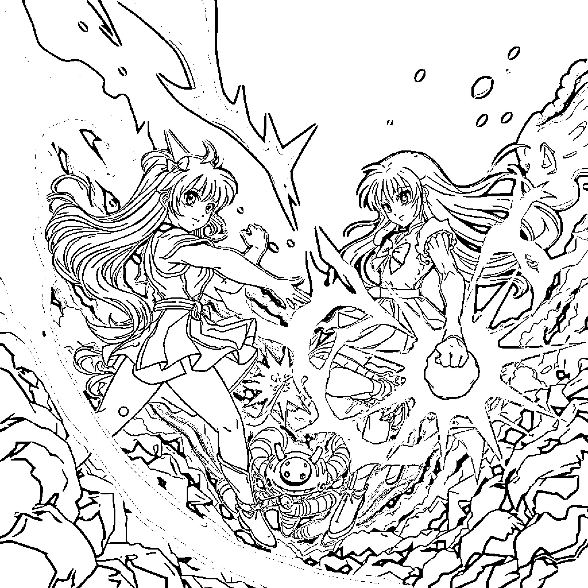Anime Girls Battling with Magical Powers Coloring Page (free black-and-white line drawing printable PDF for all, from beginners to advanced learners, including children, teens, adults, and seniors)