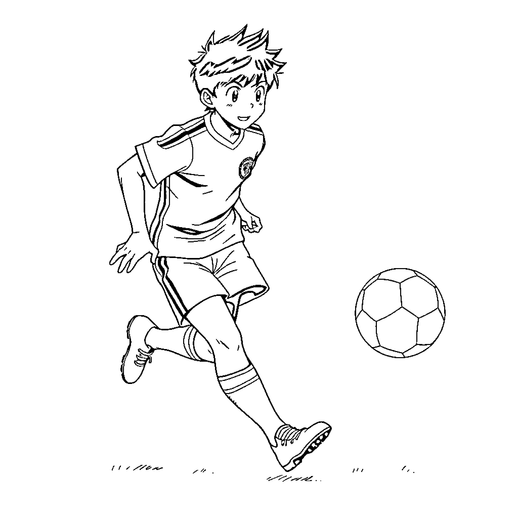 Kojiro playing soccer with excitement Coloring Page (free black-and-white line drawing printable PDF for all, from beginners to advanced learners, including children, teens, adults, and seniors)