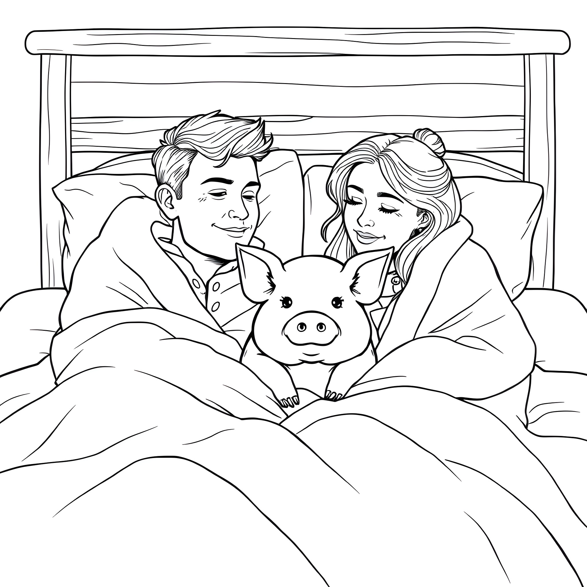 Pig Companions Relaxing in Cozy Bed Coloring Page (free black-and-white line drawing printable PDF for all, from beginners to advanced learners, including children, teens, adults, and seniors)