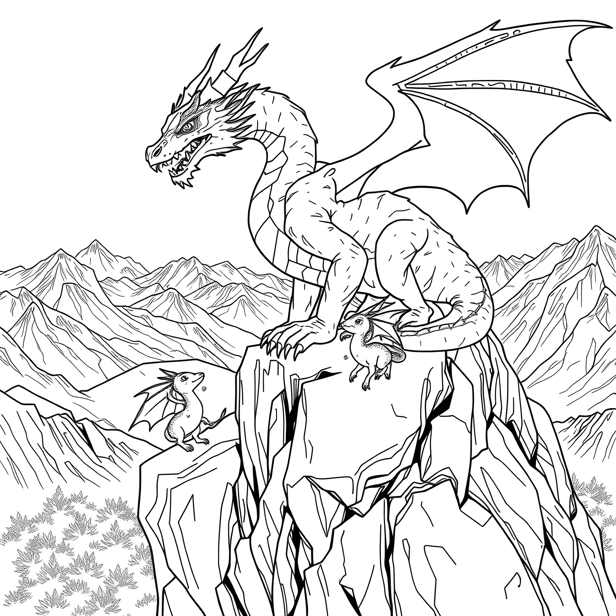 Dragon duo in majestic mountain landscape Coloring Page (free black-and-white line drawing printable PDF for all, from beginners to advanced learners, including children, teens, adults, and seniors)