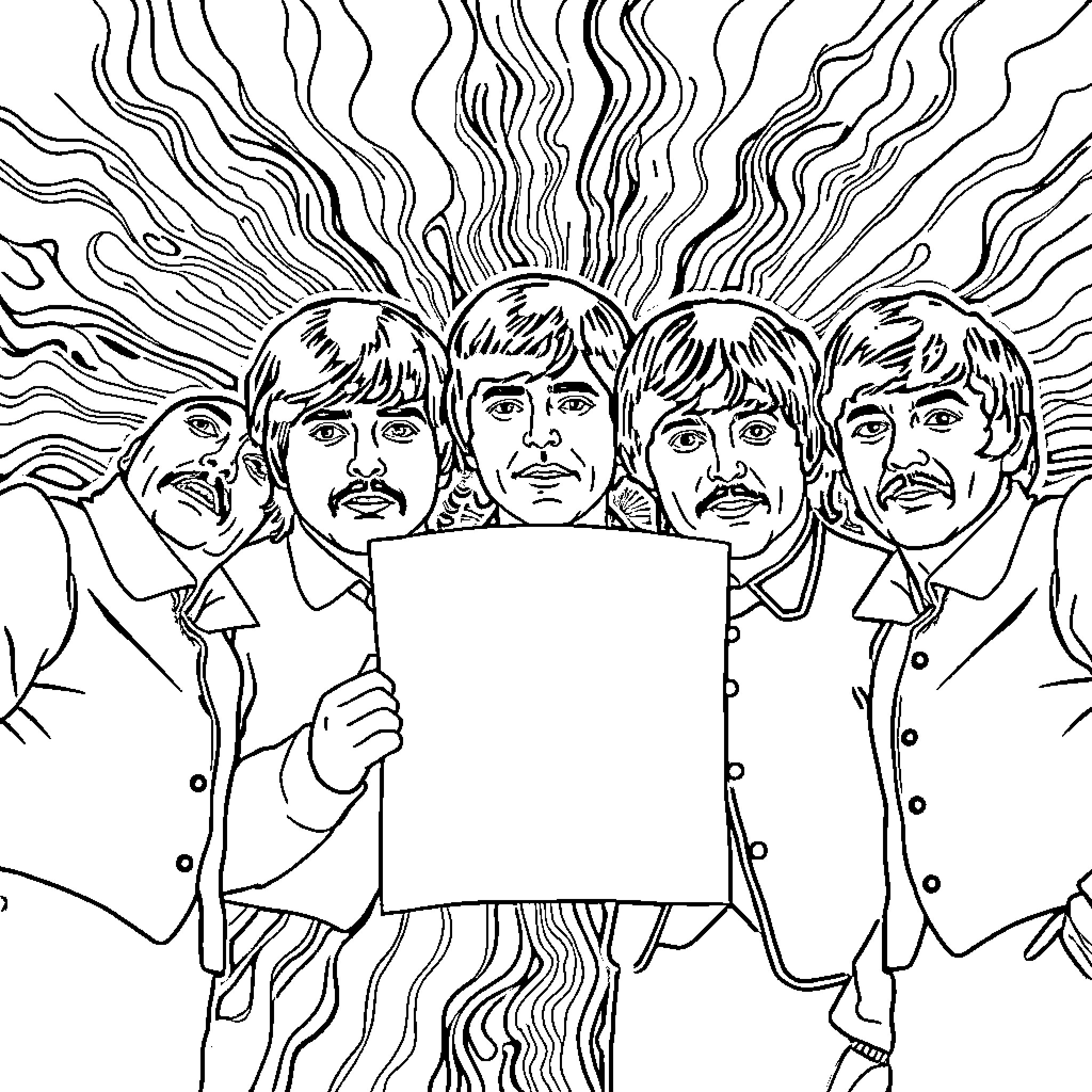 Beatles holding blank sign amid psychedelic backdrop Coloring Page (free black-and-white line drawing printable PDF for all, from beginners to advanced learners, including children, teens, adults, and seniors)