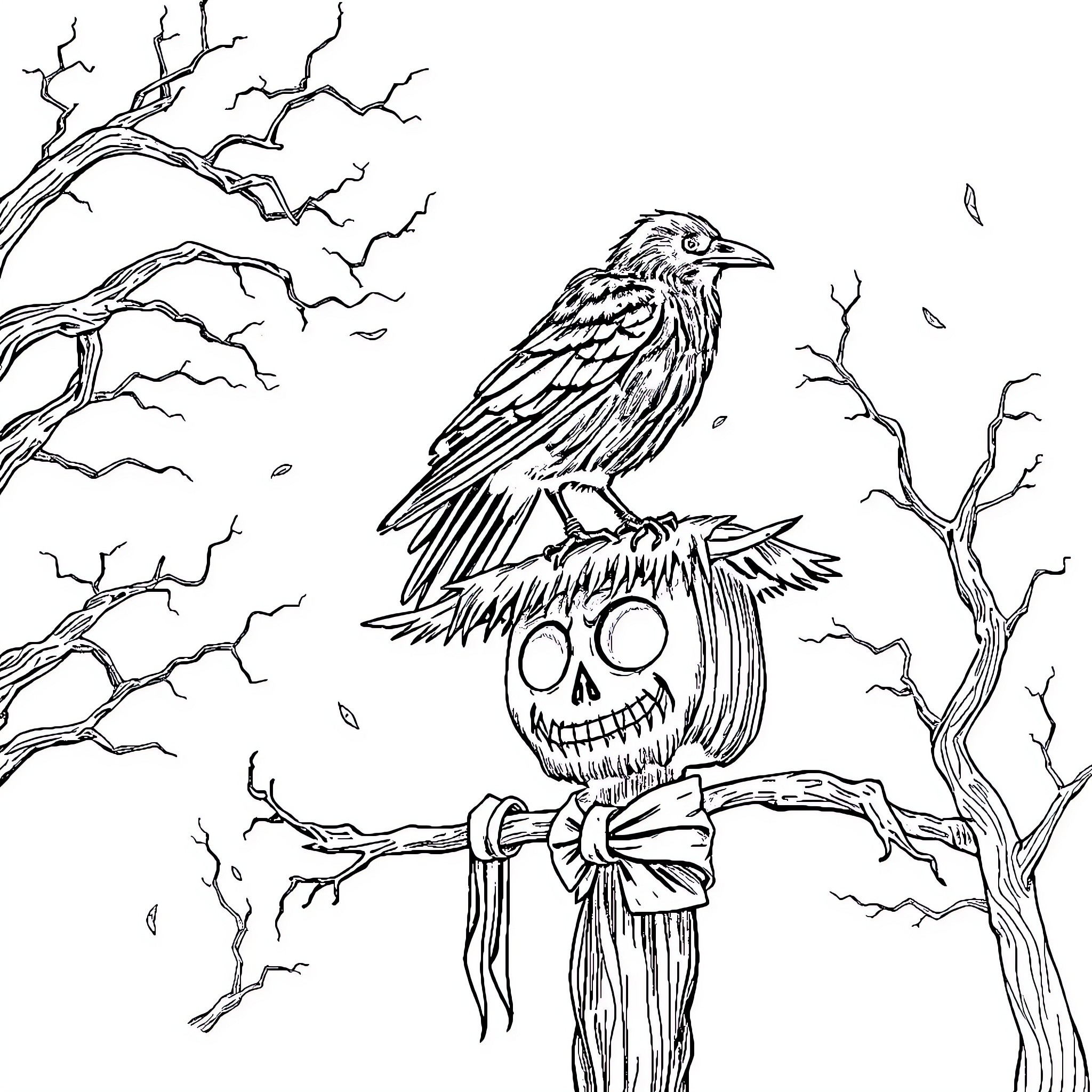 Crow perched on a spooky scarecrow in a haunting scene Coloring Page (free black-and-white line drawing printable PDF for all, from beginners to advanced learners, including children, teens, adults, and seniors)