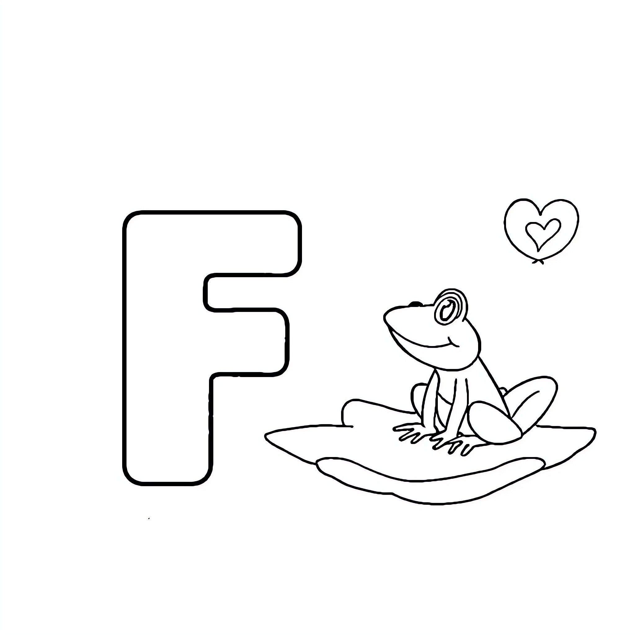 Frog resting on lily pad with heart Coloring Page (free black-and-white line drawing printable PDF for all, from beginners to advanced learners, including children, teens, adults, and seniors)