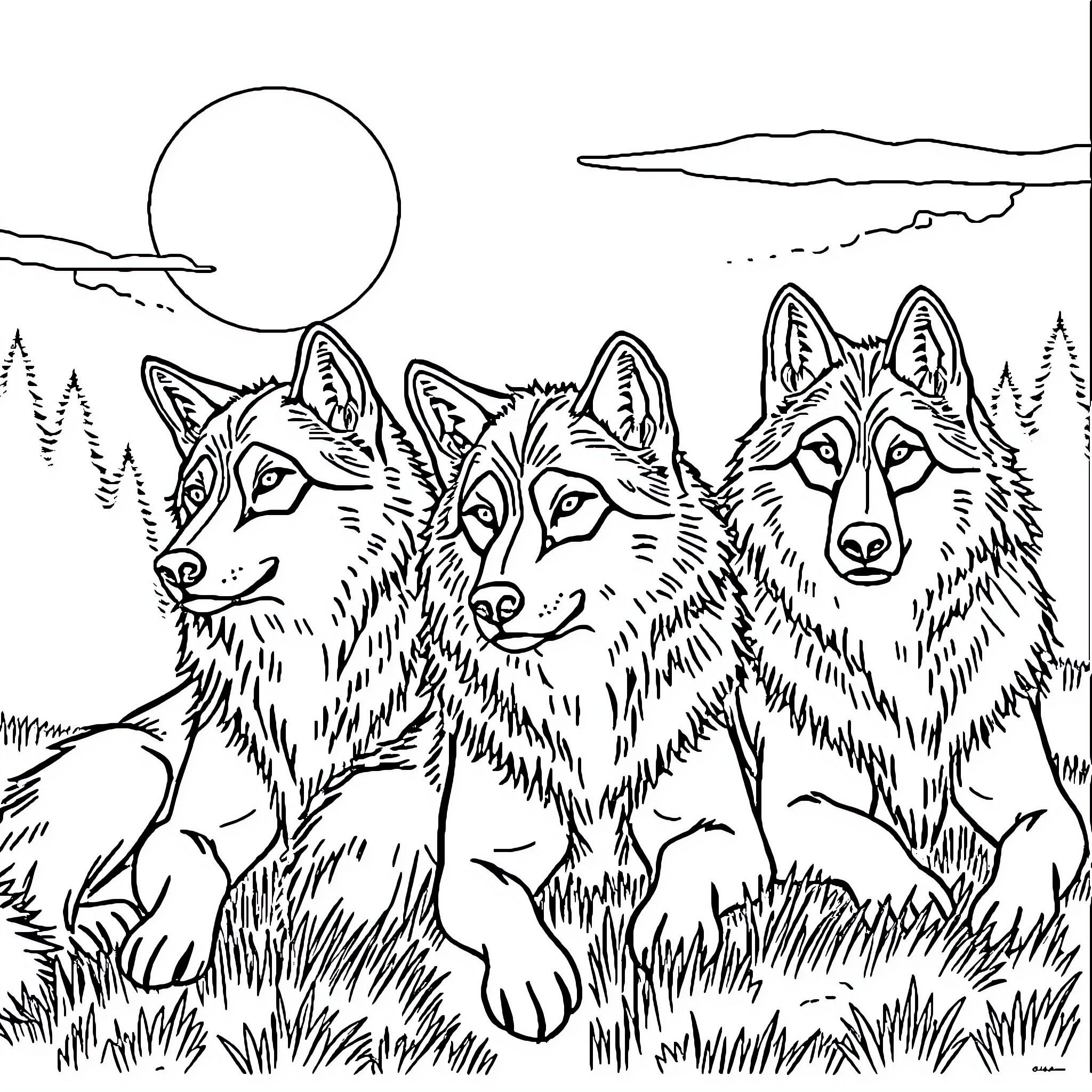 Wolf Pack Prowling in the Moonlit Forest Coloring Page (free black-and-white line drawing printable PDF for all, from beginners to advanced learners, including children, teens, adults, and seniors)