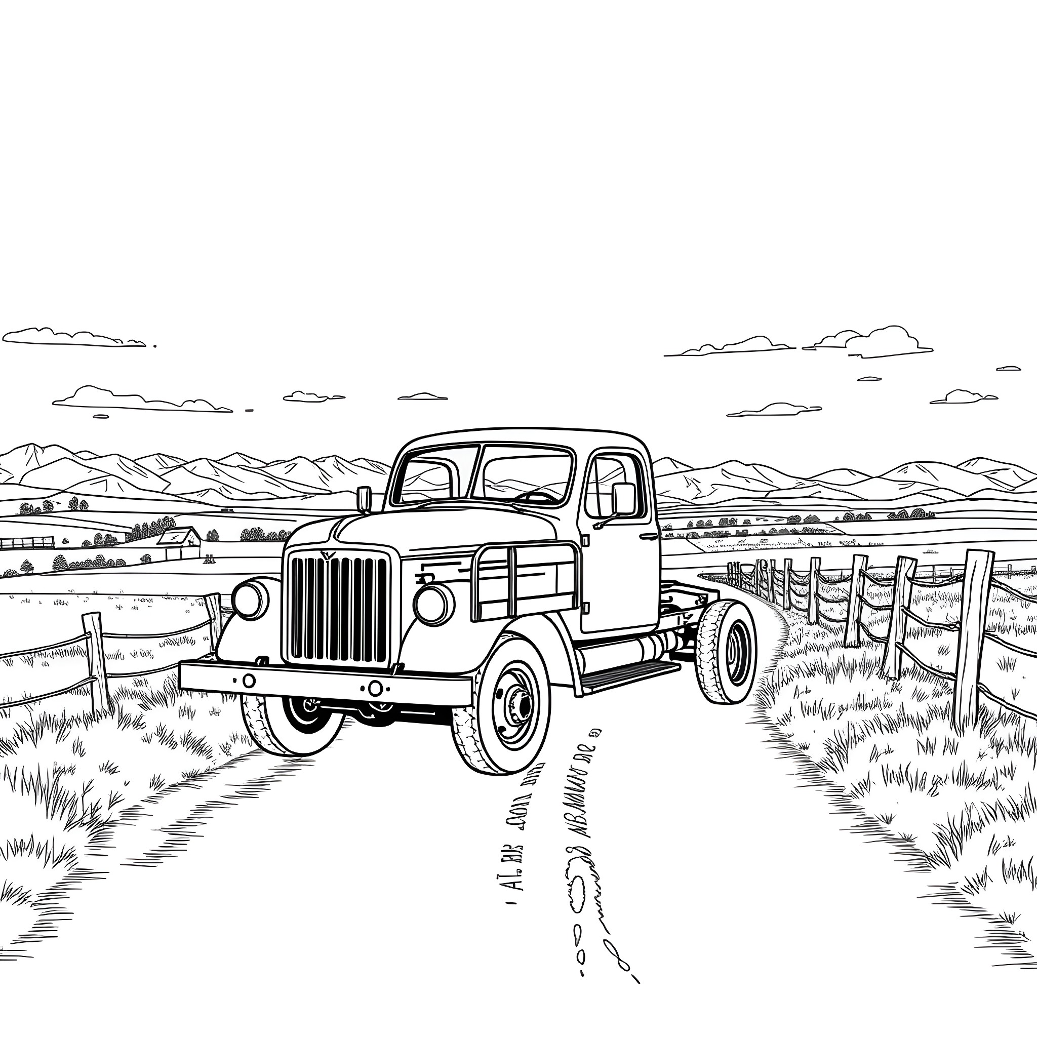 Flatbed truck navigating rural landscape Coloring Page (free black-and-white line drawing printable PDF for all, from beginners to advanced learners, including children, teens, adults, and seniors)