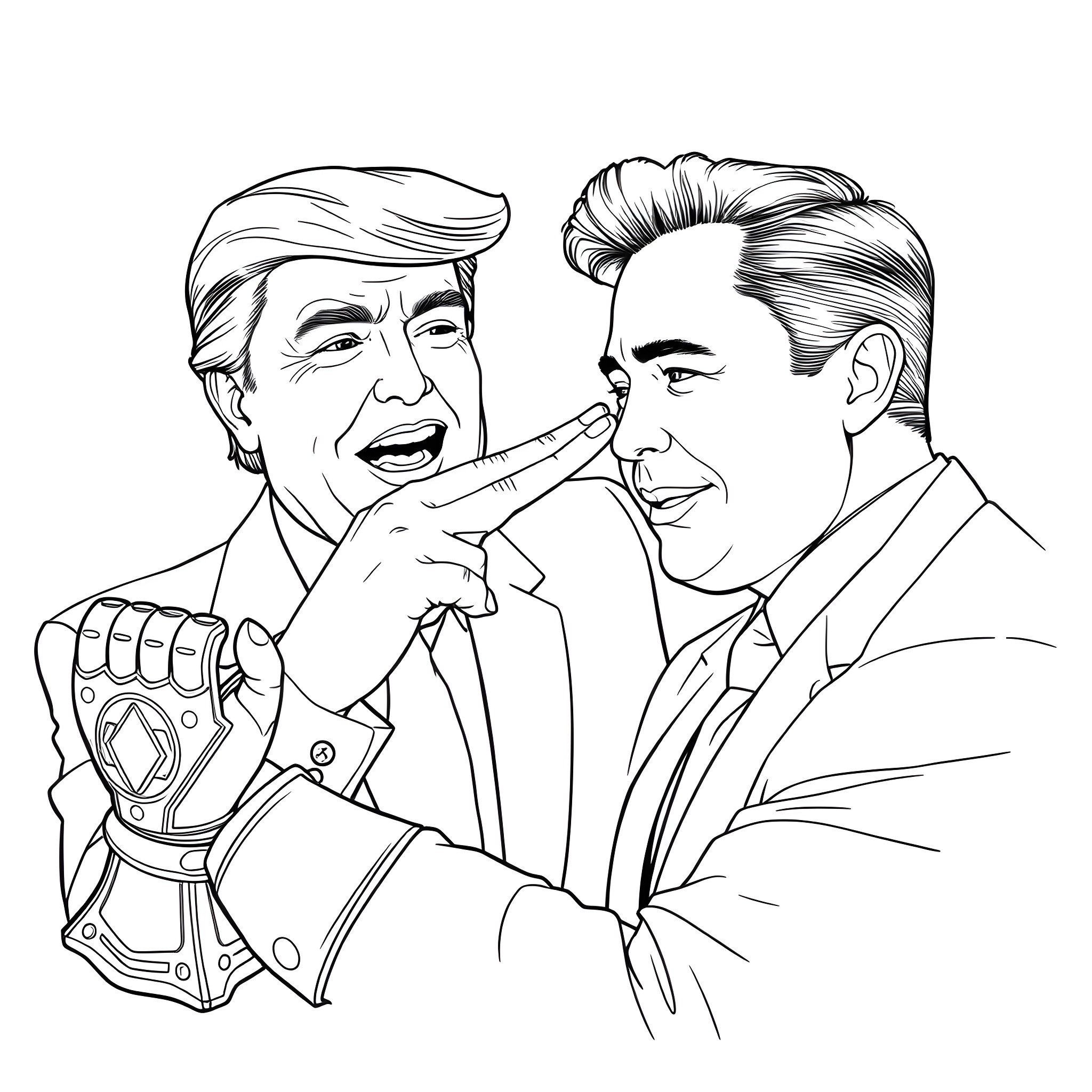 Donald Trump and Ronald Reagan in Animated Debate Coloring Page (free black-and-white line drawing printable PDF for all, from beginners to advanced learners, including children, teens, adults, and seniors)