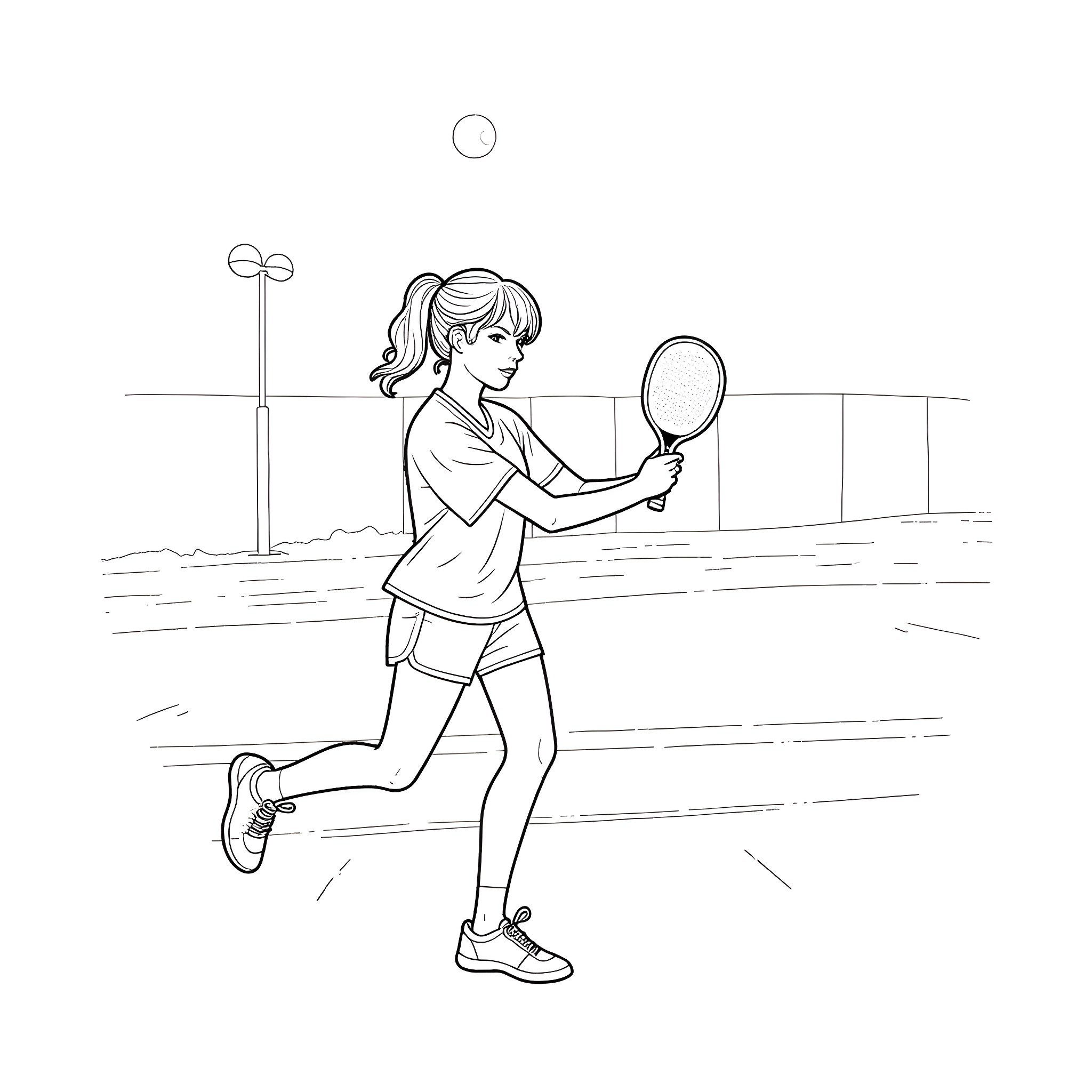 Taylor Swift playing tennis in a simple outfit Coloring Page (free black-and-white line drawing printable PDF for all, from beginners to advanced learners, including children, teens, adults, and seniors)