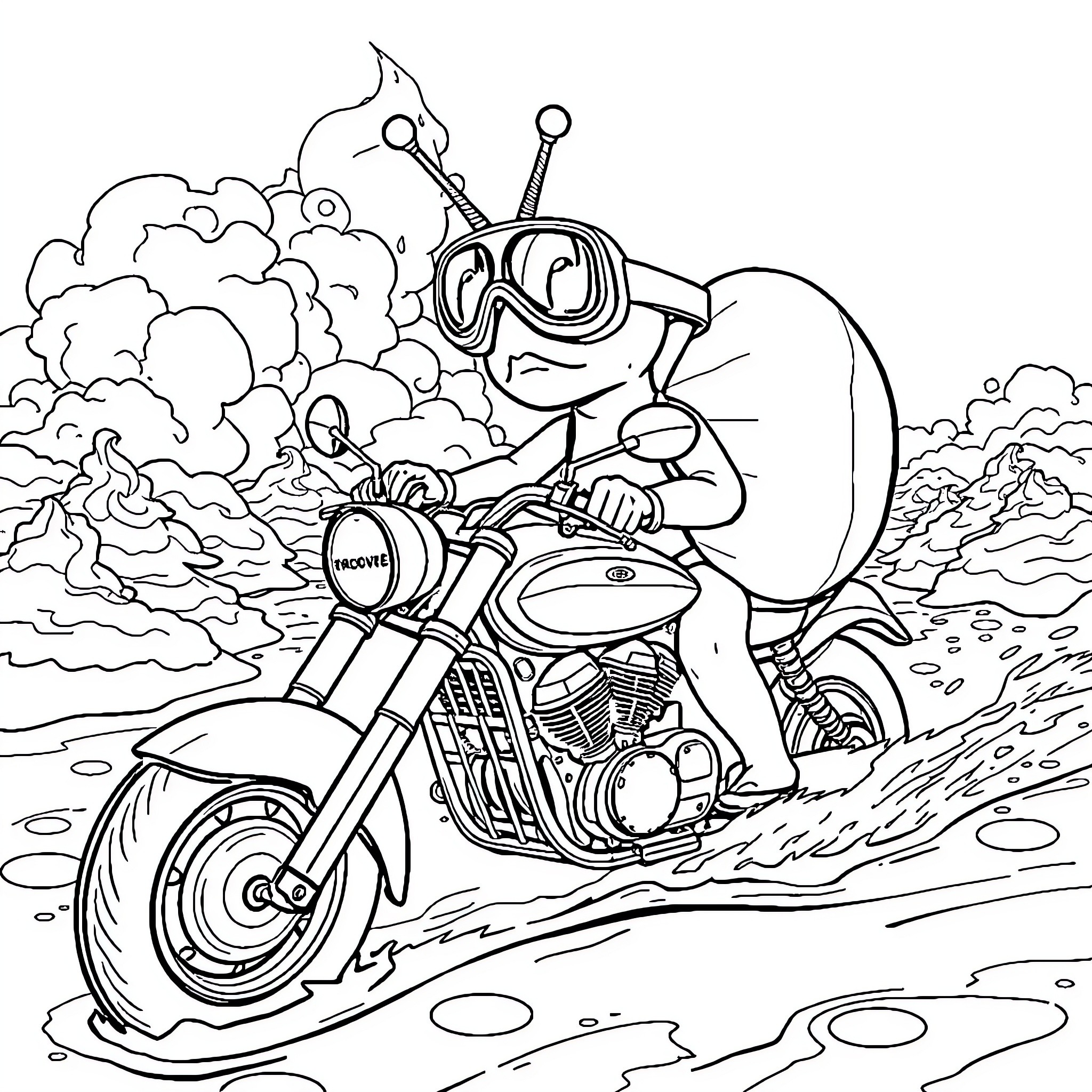 Snail riding a motorcycle in the desert Coloring Page (free black-and-white line drawing printable PDF for all, from beginners to advanced learners, including children, teens, adults, and seniors)