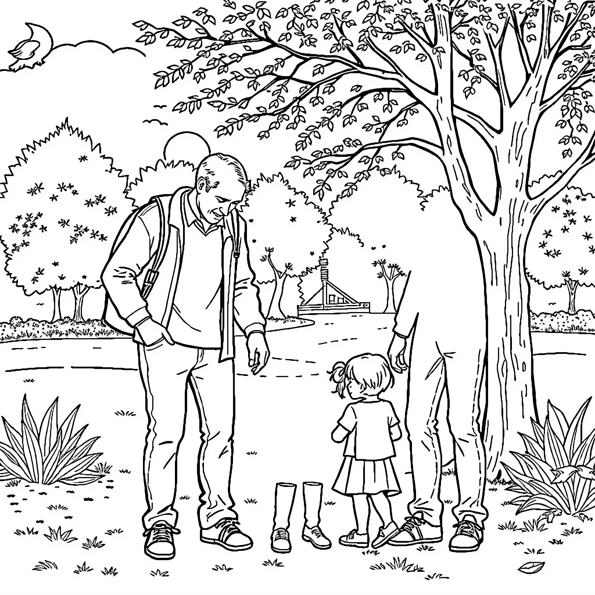 Father and child exploring nature together Coloring Page (free black-and-white line drawing printable PDF for all, from beginners to advanced learners, including children, teens, adults, and seniors)