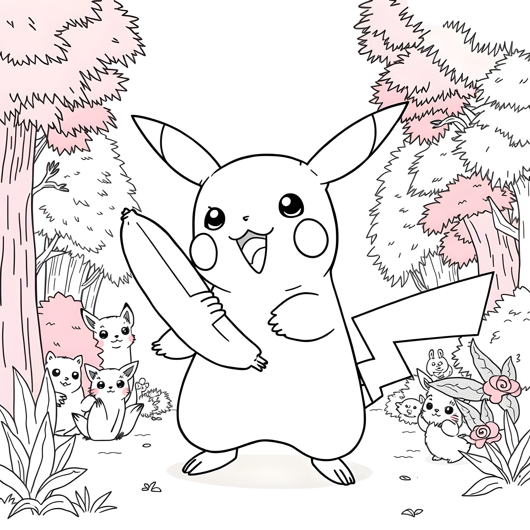 Pikachu playing happily with friends in the forest Coloring Page (free black-and-white line drawing printable PDF for all, from beginners to advanced learners, including children, teens, adults, and seniors)