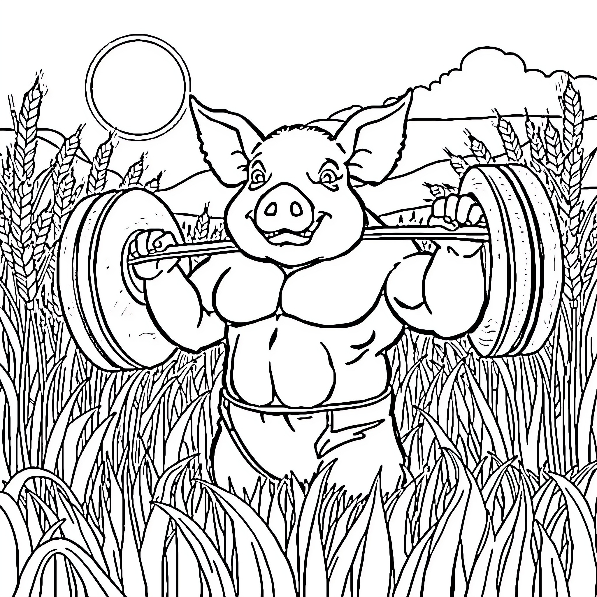 Pig weightlifting in a countryside landscape Coloring Page (free black-and-white line drawing printable PDF for all, from beginners to advanced learners, including children, teens, adults, and seniors)