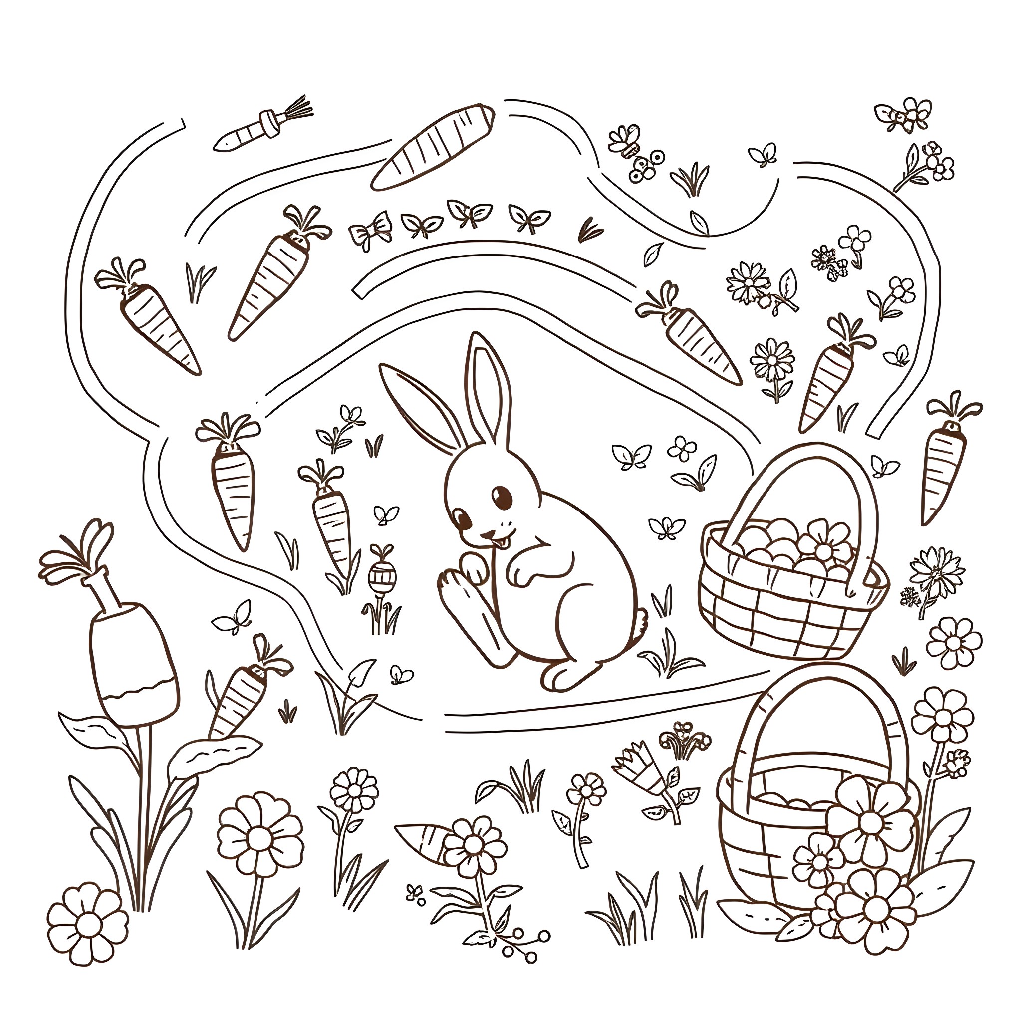 Bunny surrounded by carrots, flowers, and Easter baskets Coloring Page (free black-and-white line drawing printable PDF for all, from beginners to advanced learners, including children, teens, adults, and seniors)