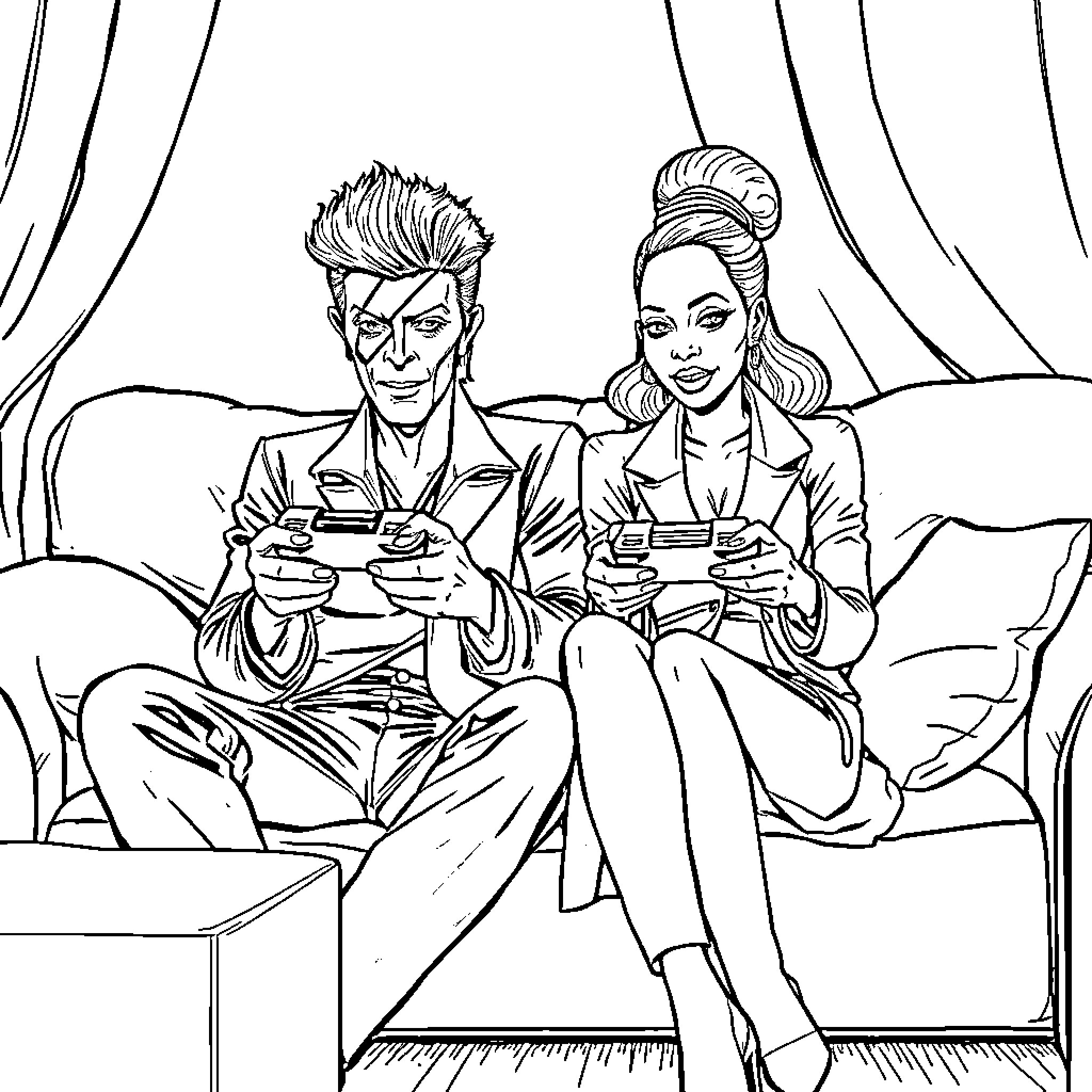 David Bowie enjoying video games with companion Coloring Page (free black-and-white line drawing printable PDF for all, from beginners to advanced learners, including children, teens, adults, and seniors)