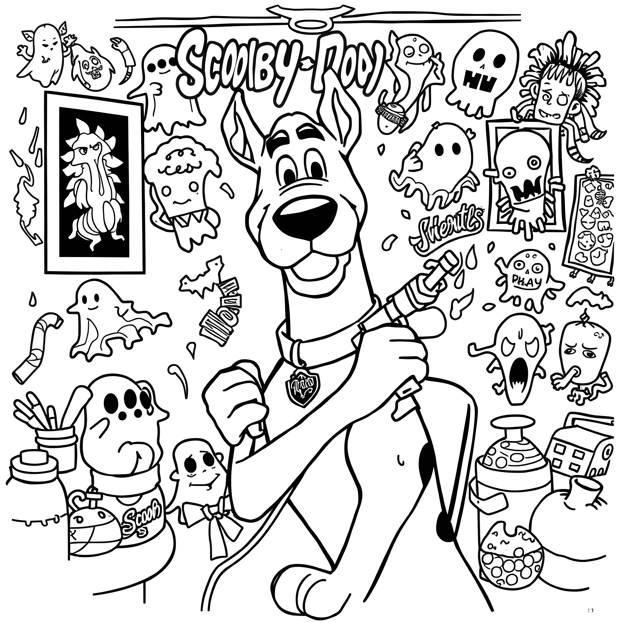 Scooby-Doo and Spooky Cartoon Characters Coloring Page (free black-and-white line drawing printable PDF for all, from beginners to advanced learners, including children, teens, adults, and seniors)