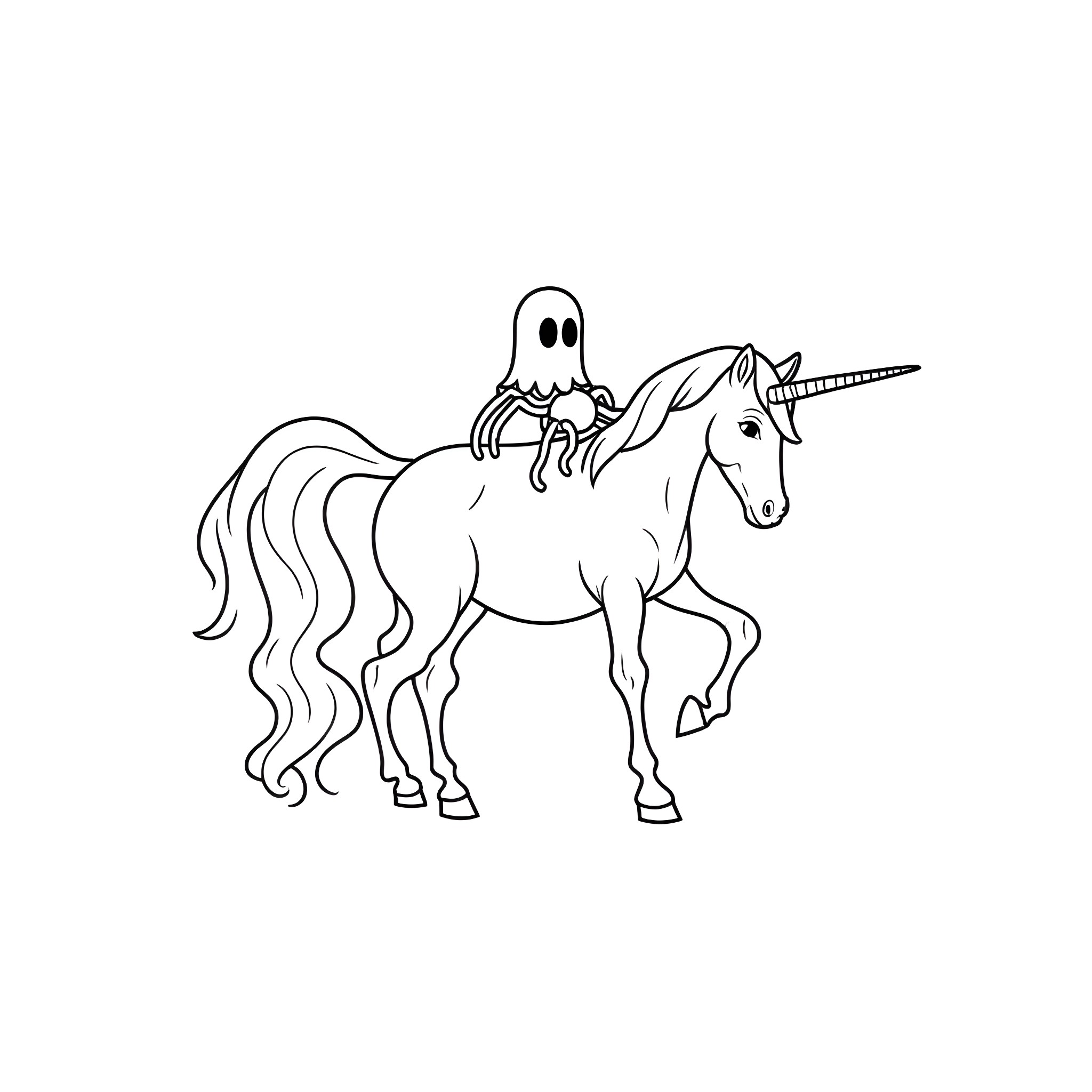 Ghost Spider riding a unicorn Coloring Page (free black-and-white line drawing printable PDF for all, from beginners to advanced learners, including children, teens, adults, and seniors)