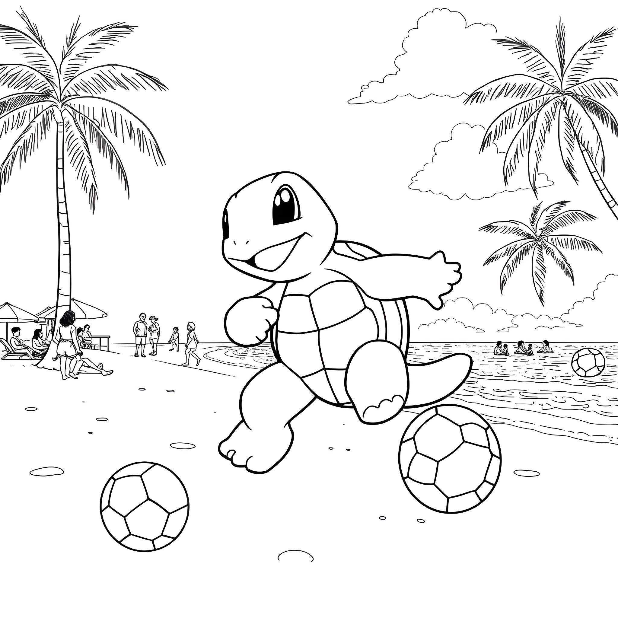 Squirtle playing happily with soccer balls on the beach Coloring Page (free black-and-white line drawing printable PDF for all, from beginners to advanced learners, including children, teens, adults, and seniors)