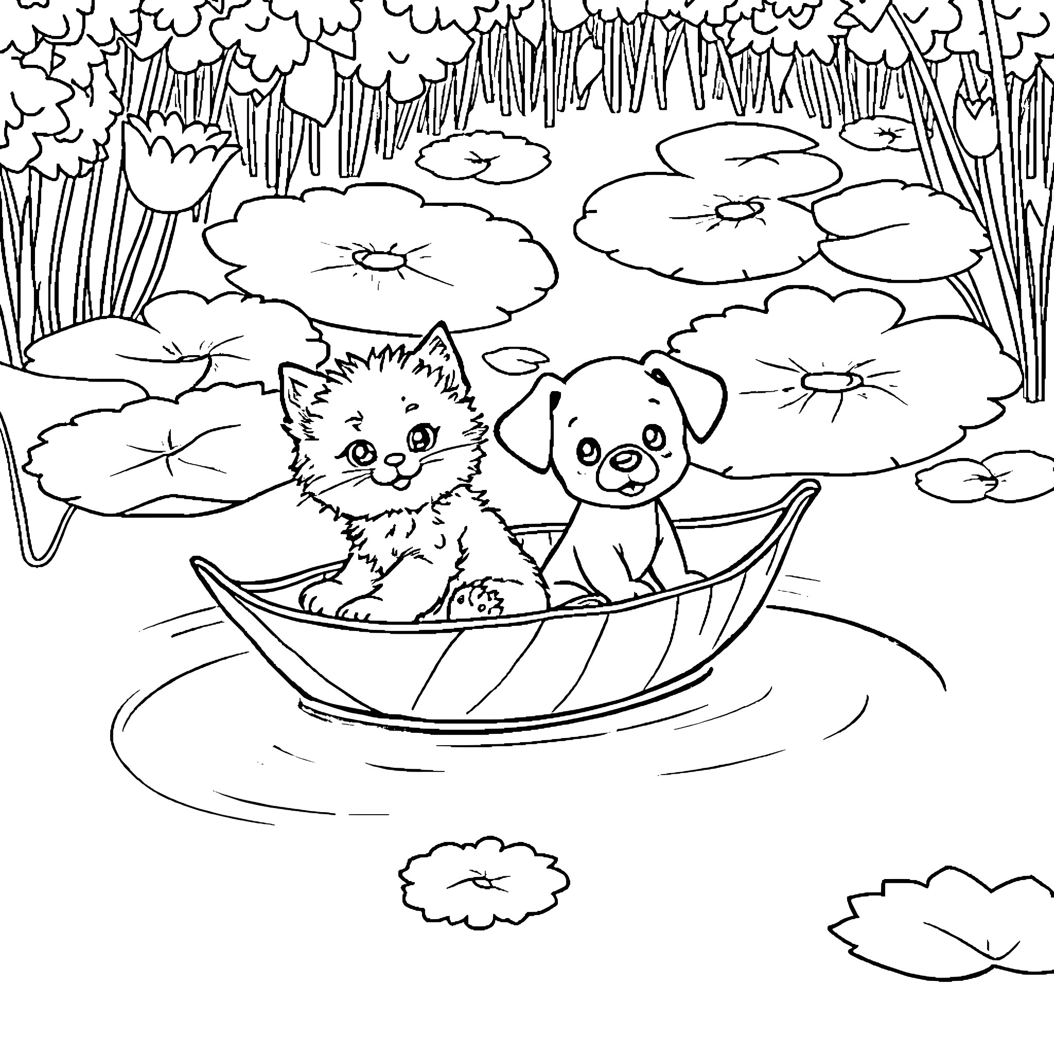 Kitten and puppy playing in a boat on the pond Coloring Page (free black-and-white line drawing printable PDF for all, from beginners to advanced learners, including children, teens, adults, and seniors)