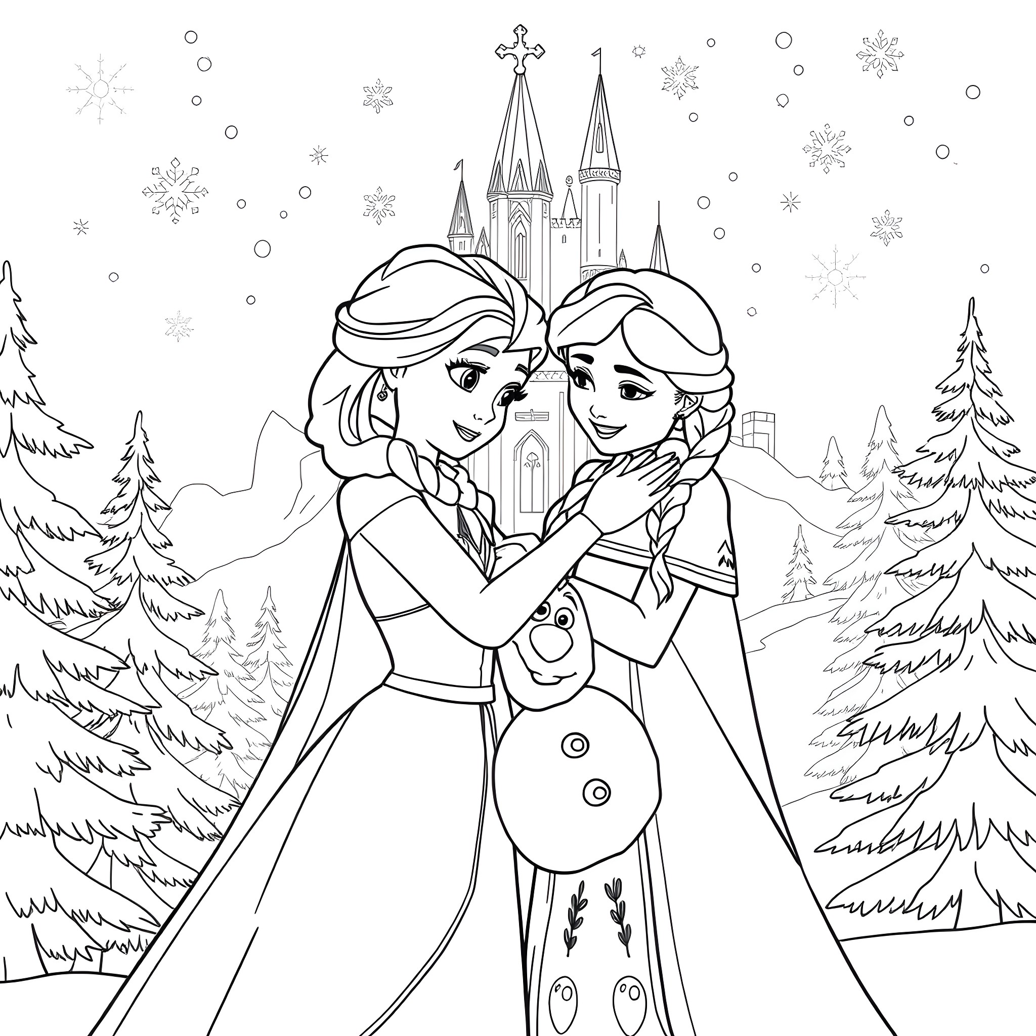 Elsa and Anna enjoying the winter wonderland Coloring Page (free black-and-white line drawing printable PDF for all, from beginners to advanced learners, including children, teens, adults, and seniors)