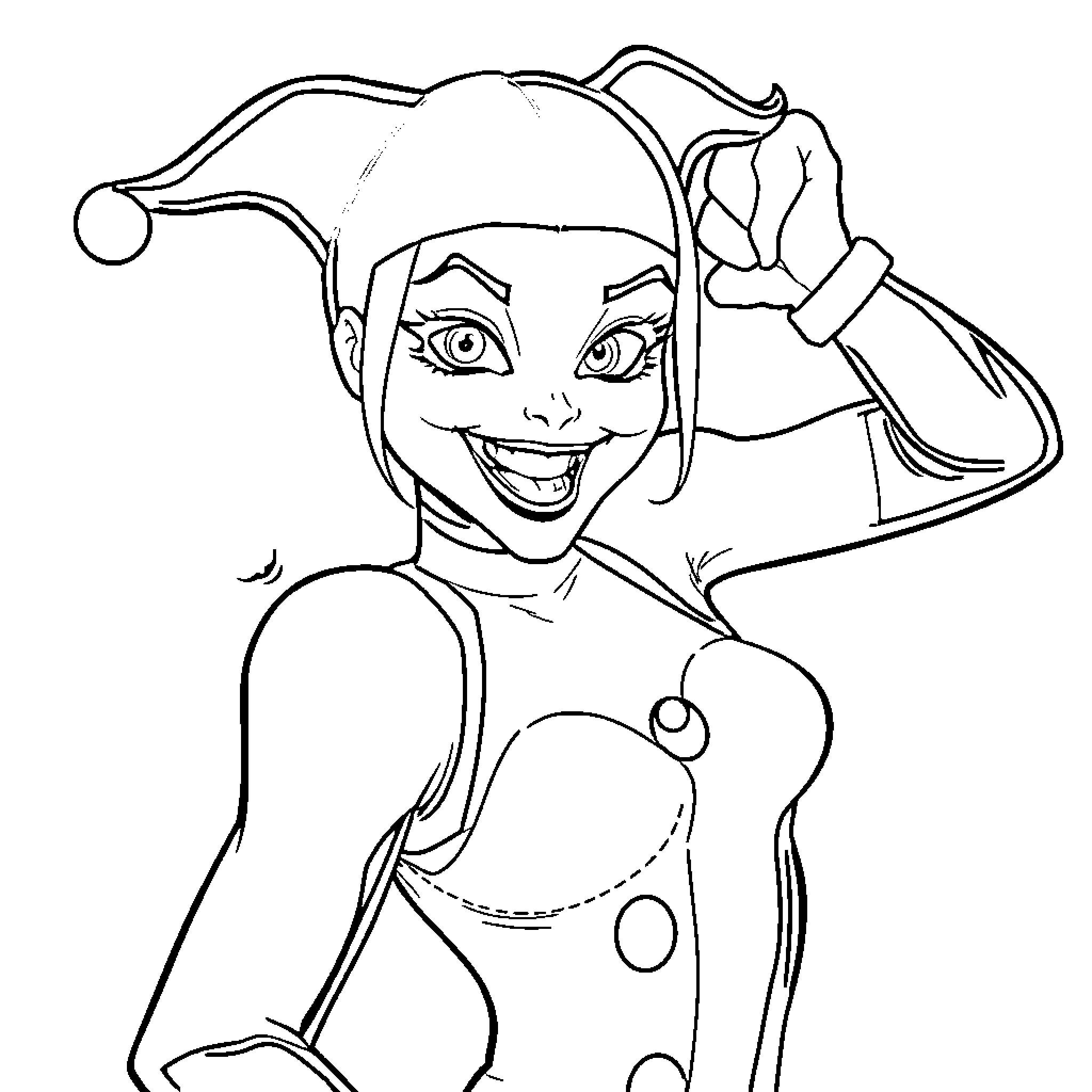Harley Quinn in Mischievous Jester Pose Coloring Page (free black-and-white line drawing printable PDF for all, from beginners to advanced learners, including children, teens, adults, and seniors)