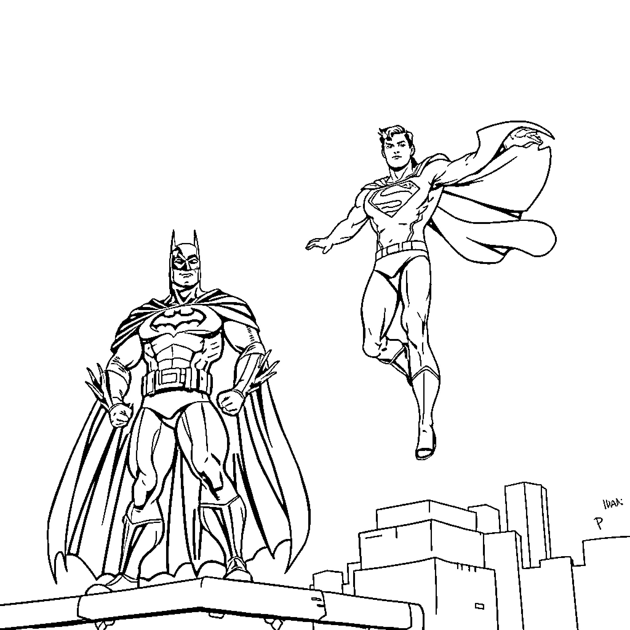 Superman and Batman heroically protecting the city Coloring Page (free black-and-white line drawing printable PDF for all, from beginners to advanced learners, including children, teens, adults, and seniors)