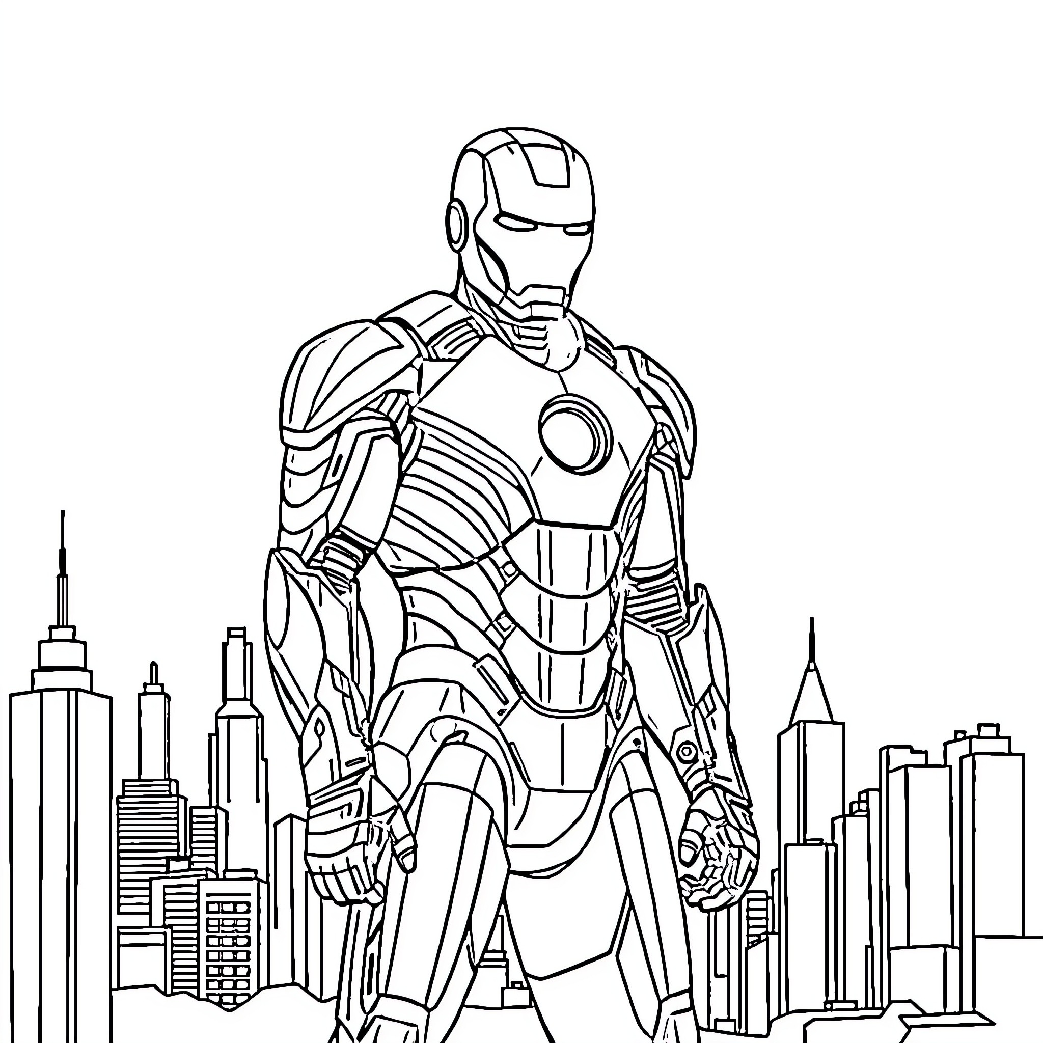 Ironman heroically stands before a cityscape Coloring Page (free black-and-white line drawing printable PDF for all, from beginners to advanced learners, including children, teens, adults, and seniors)