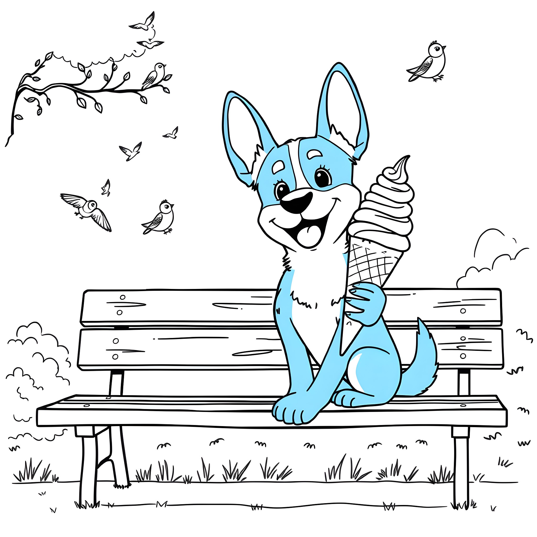 Bluey enjoying an ice cream on a park bench Coloring Page (free black-and-white line drawing printable PDF for all, from beginners to advanced learners, including children, teens, adults, and seniors)