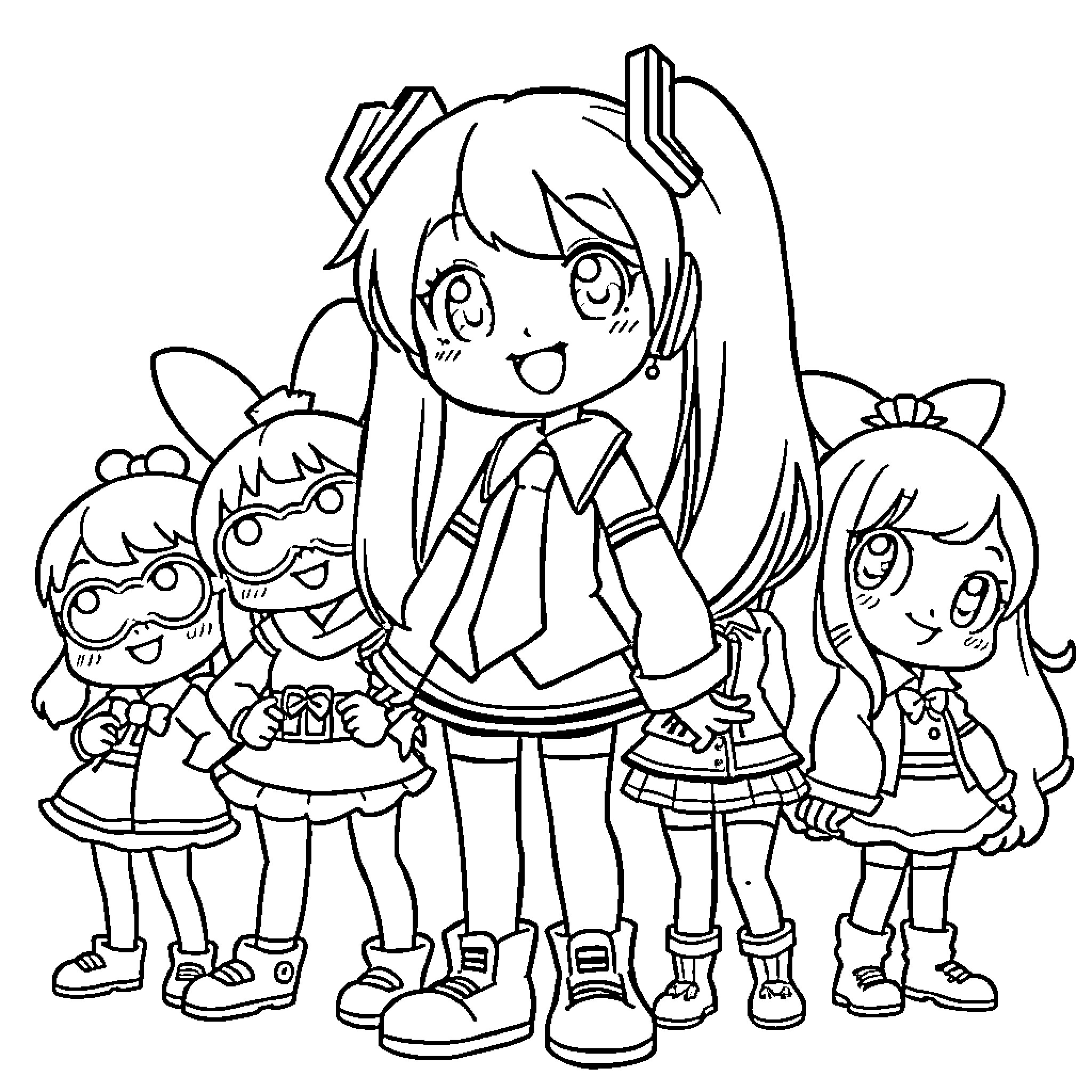 Toon Anime Friends Gathered Together Coloring Page (free black-and-white line drawing printable PDF for all, from beginners to advanced learners, including children, teens, adults, and seniors)