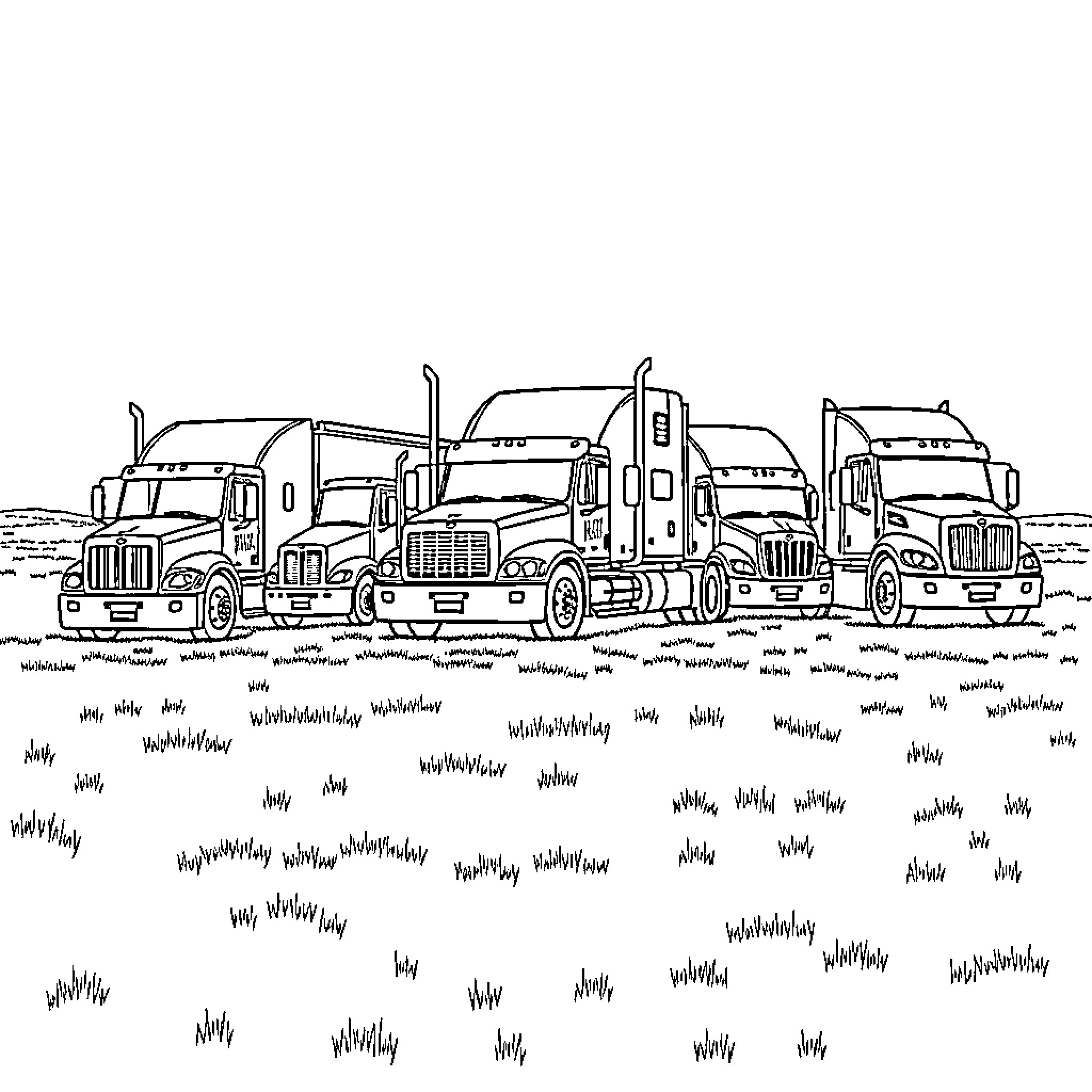 Truck convoy on the open road Coloring Page (free black-and-white line drawing printable PDF for all, from beginners to advanced learners, including children, teens, adults, and seniors)