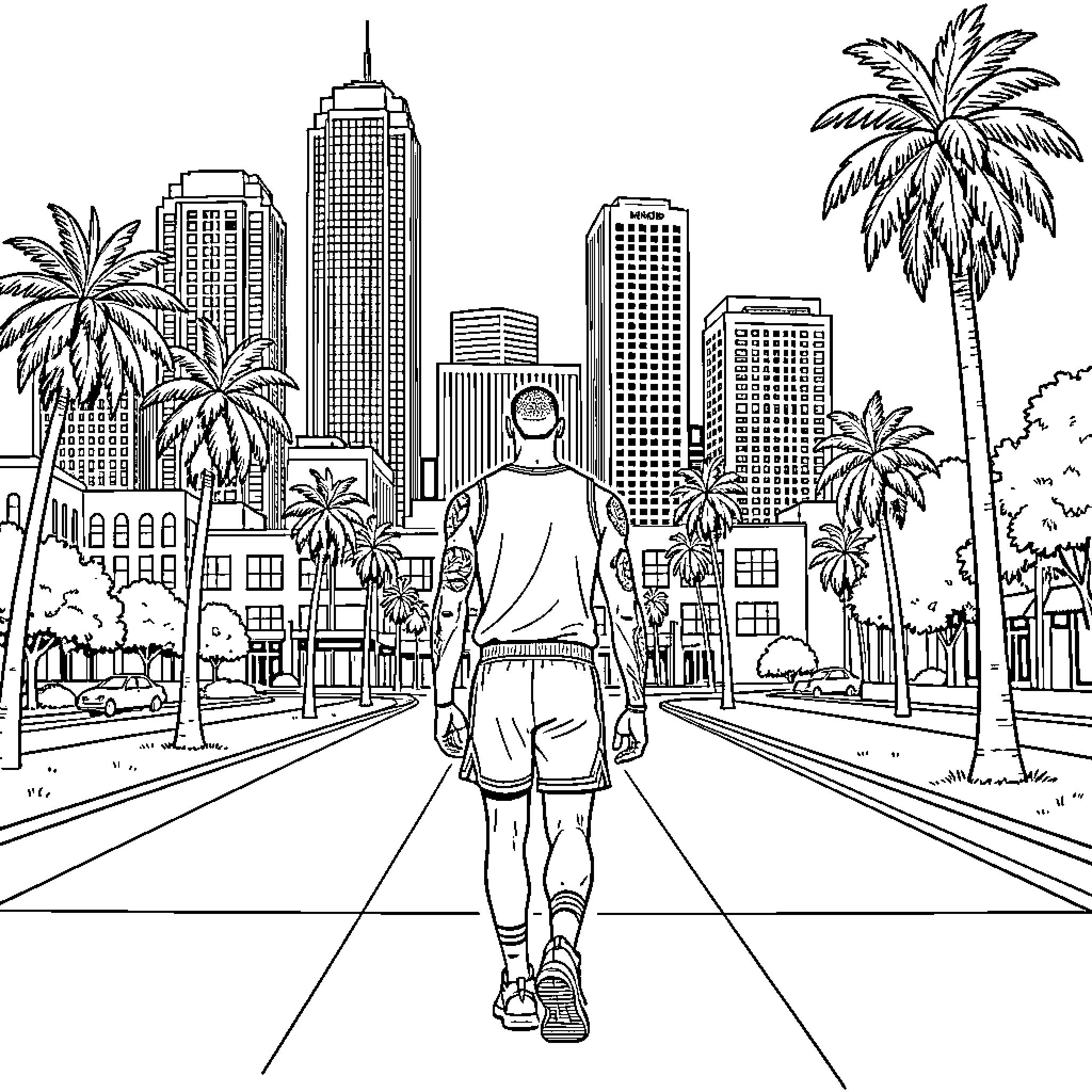 LeBron James walking down a city street Coloring Page (free black-and-white line drawing printable PDF for all, from beginners to advanced learners, including children, teens, adults, and seniors)