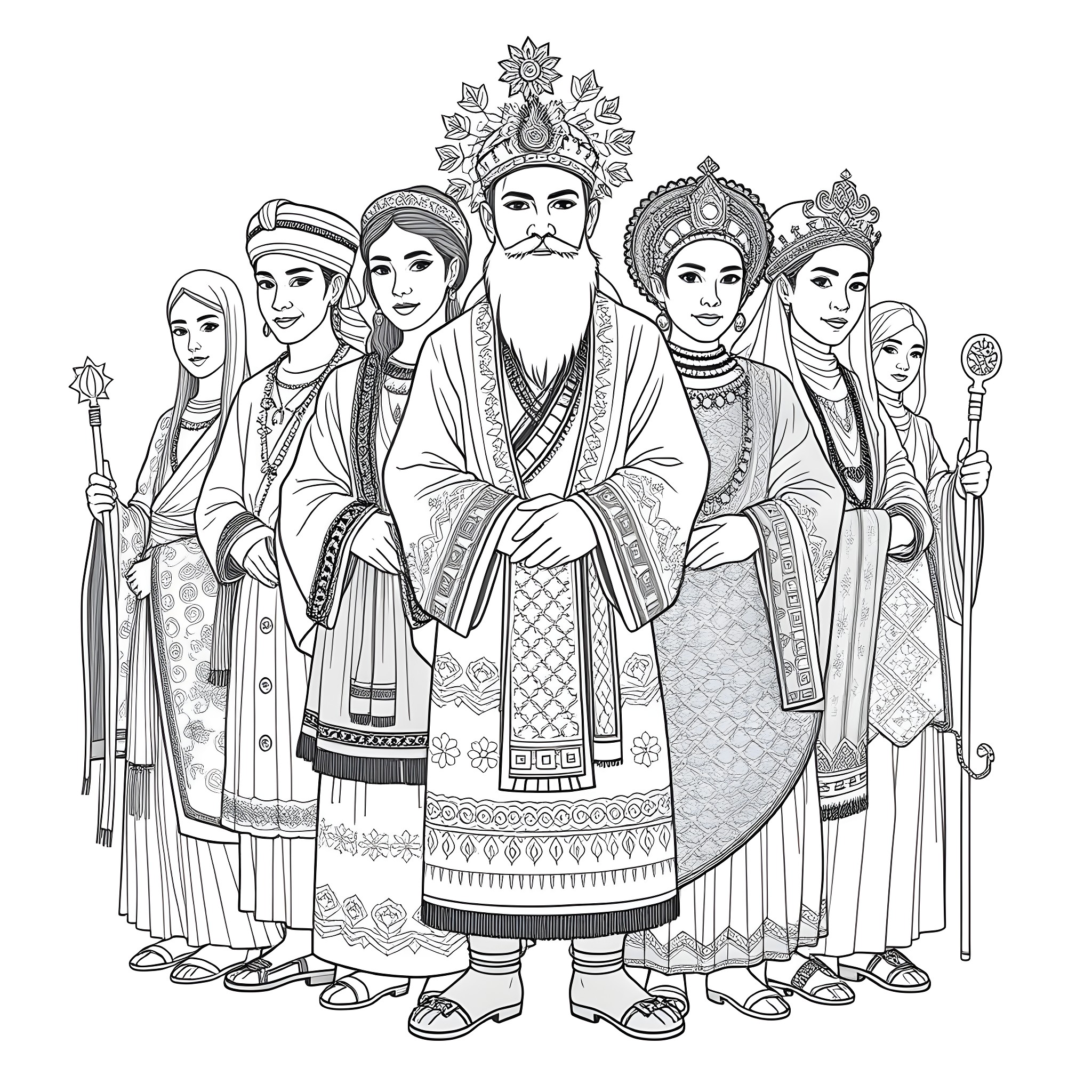 Clothing of characters in traditional cultural attire Coloring Page (free black-and-white line drawing printable PDF for all, from beginners to advanced learners, including children, teens, adults, and seniors)