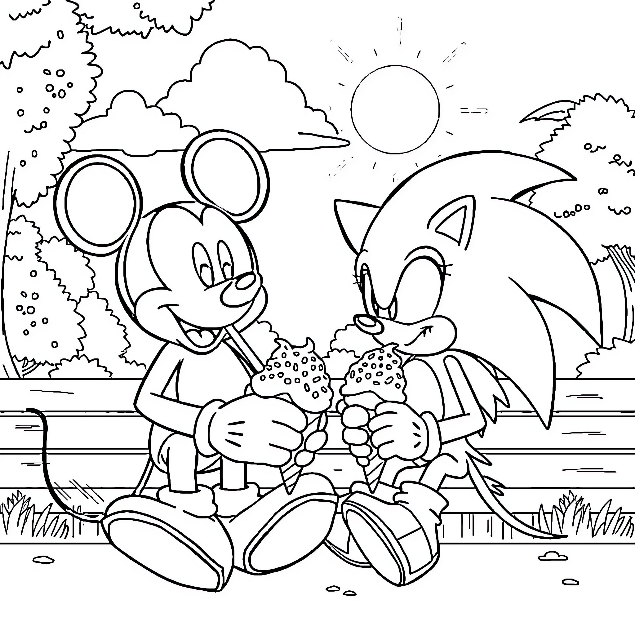 Mickey Mouse and Sonic the Hedgehog Enjoying Nature Coloring Page (free black-and-white line drawing printable PDF for all, from beginners to advanced learners, including children, teens, adults, and seniors)