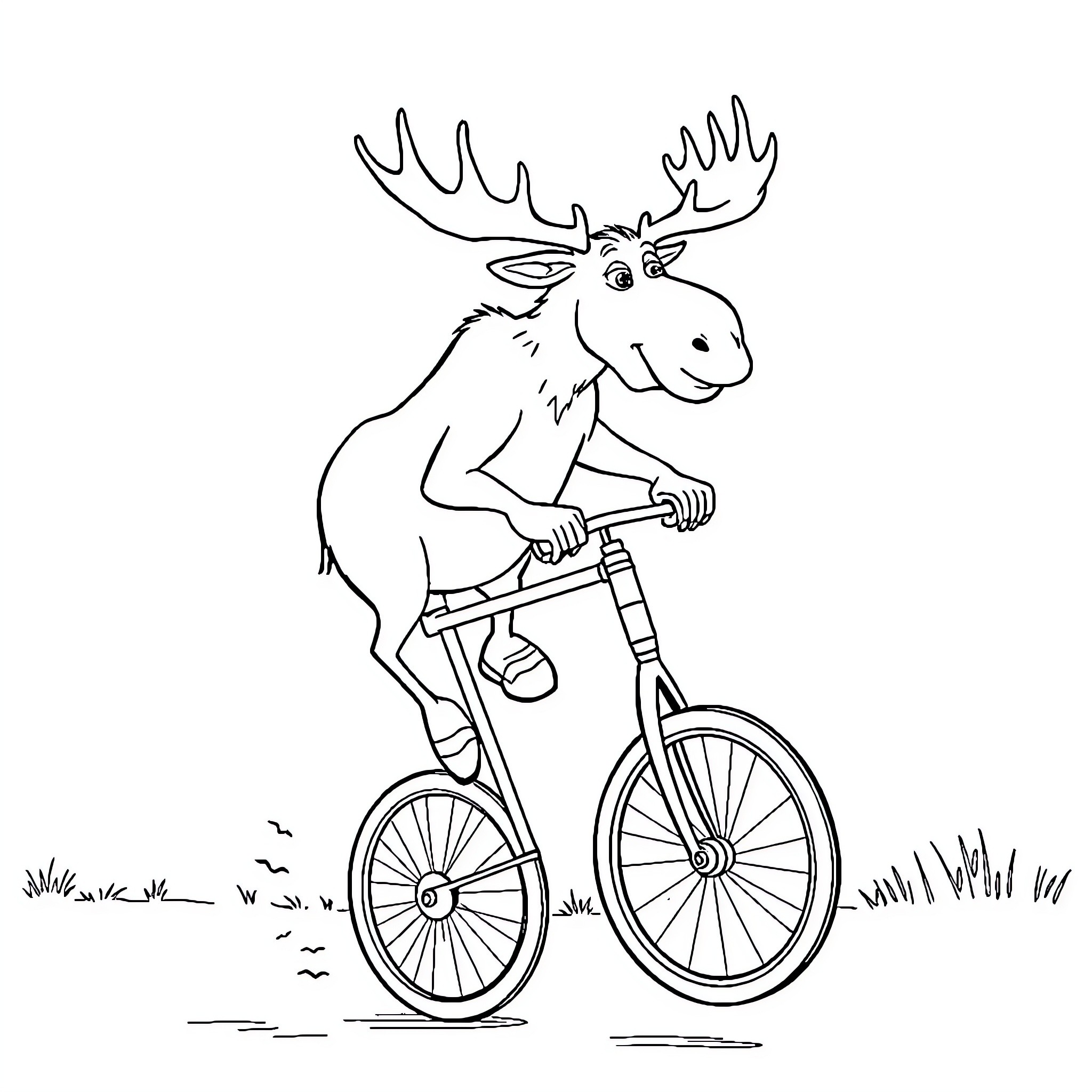 Moose riding a bicycle in the meadow Coloring Page (free black-and-white line drawing printable PDF for all, from beginners to advanced learners, including children, teens, adults, and seniors)