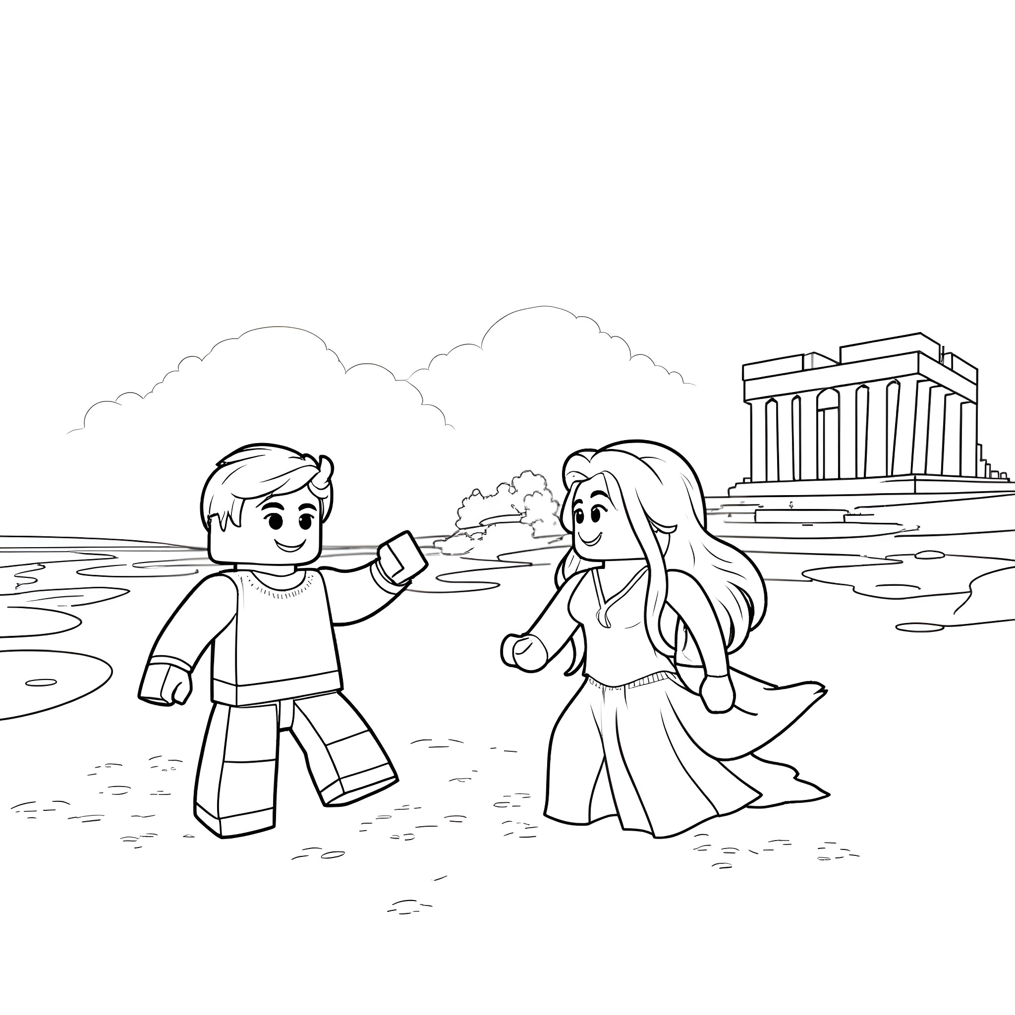 Minecraft Character Exploring Ancient Ruins with Friend Coloring Page (free black-and-white line drawing printable PDF for all, from beginners to advanced learners, including children, teens, adults, and seniors)