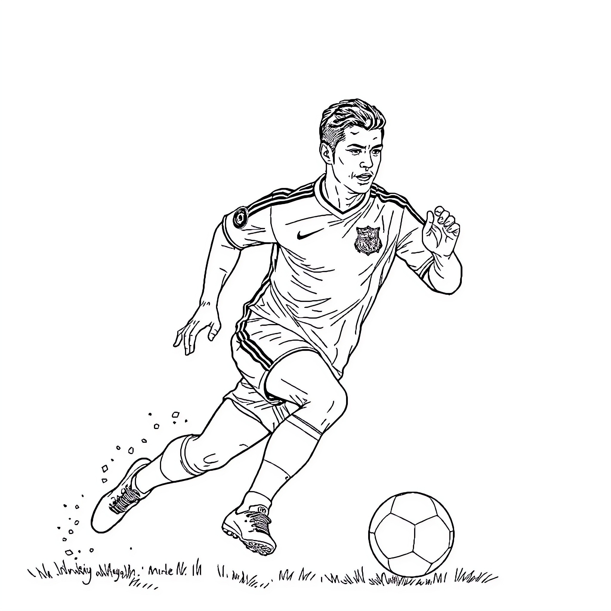 Ronaldo Dribbling the Soccer Ball with Determination Coloring Page (free black-and-white line drawing printable PDF for all, from beginners to advanced learners, including children, teens, adults, and seniors)
