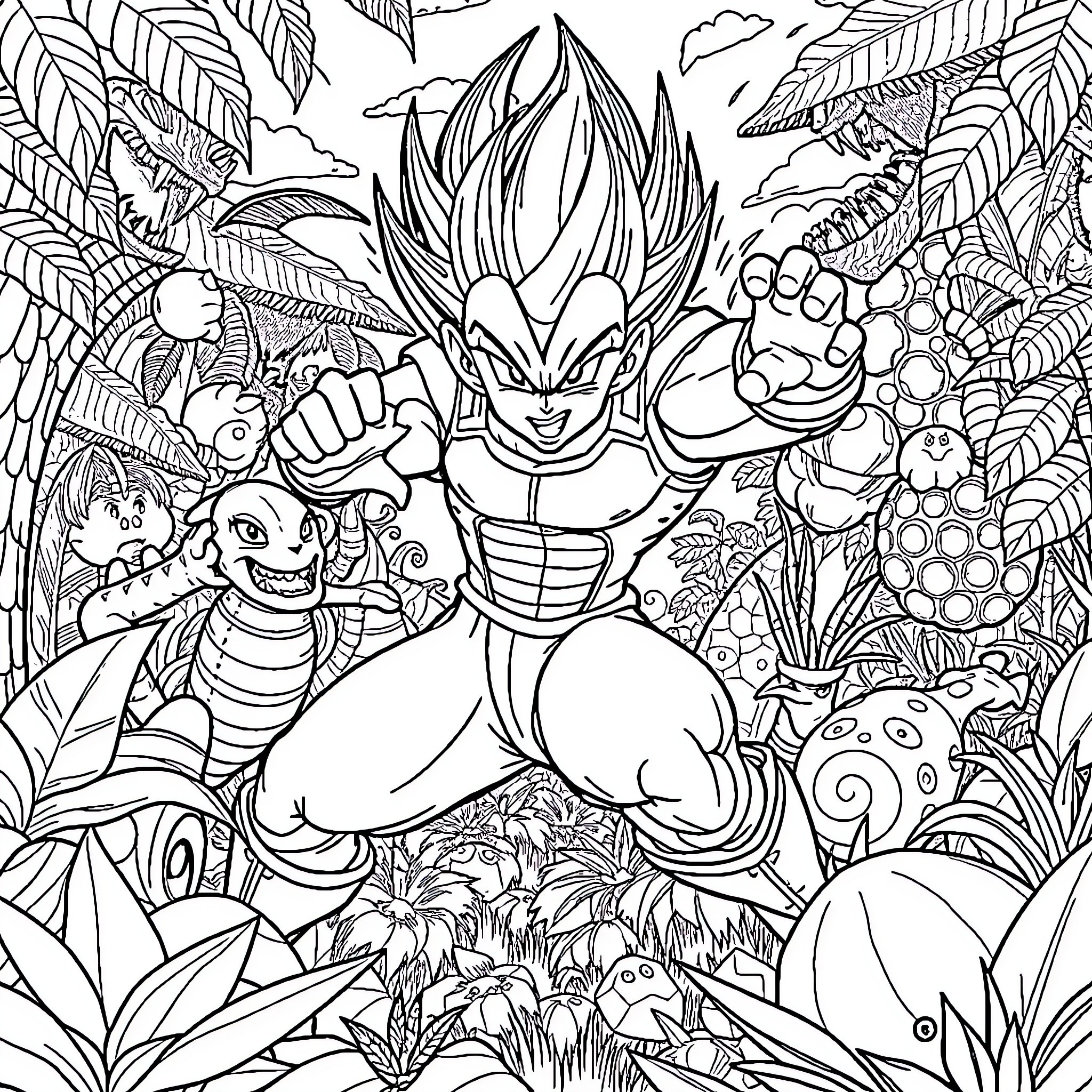 Vegeta battling amidst vibrant jungle scenery Coloring Page (free black-and-white line drawing printable PDF for all, from beginners to advanced learners, including children, teens, adults, and seniors)