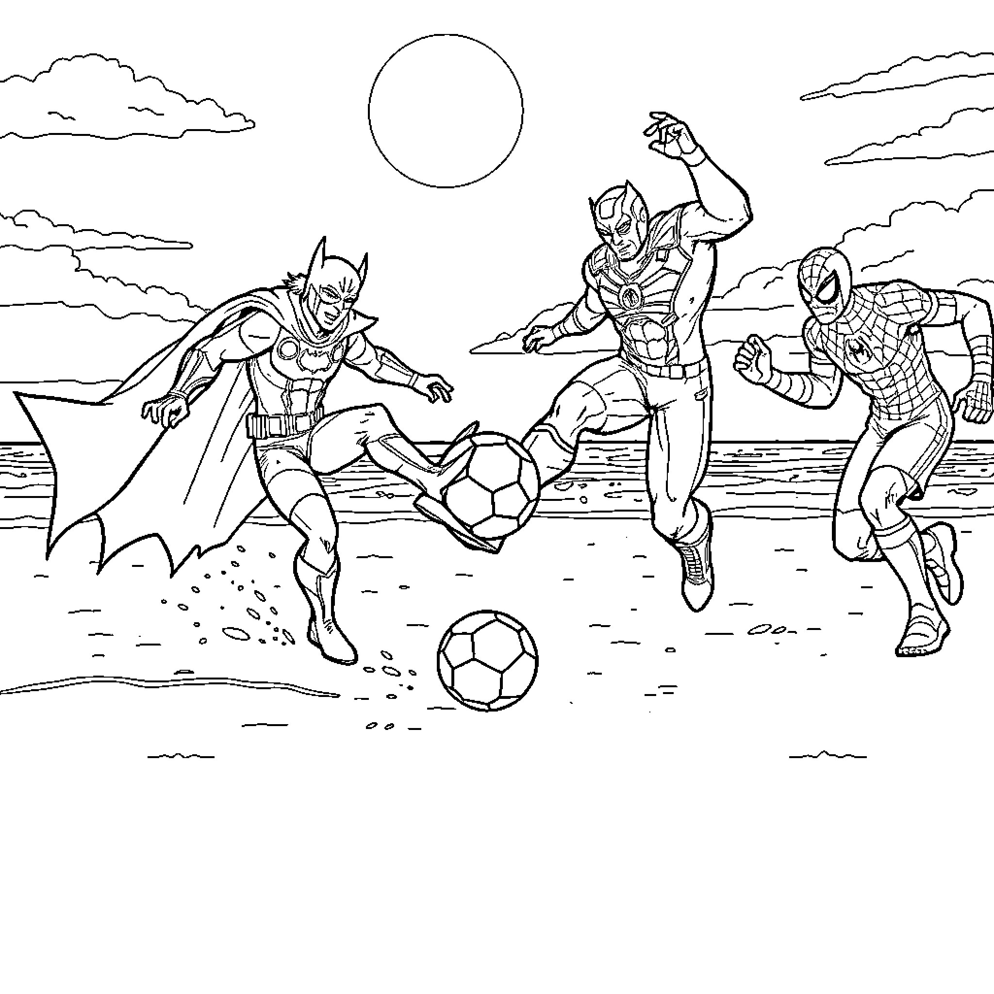 Superhero Soccer Match in the Clouds Coloring Page (free black-and-white line drawing printable PDF for all, from beginners to advanced learners, including children, teens, adults, and seniors)