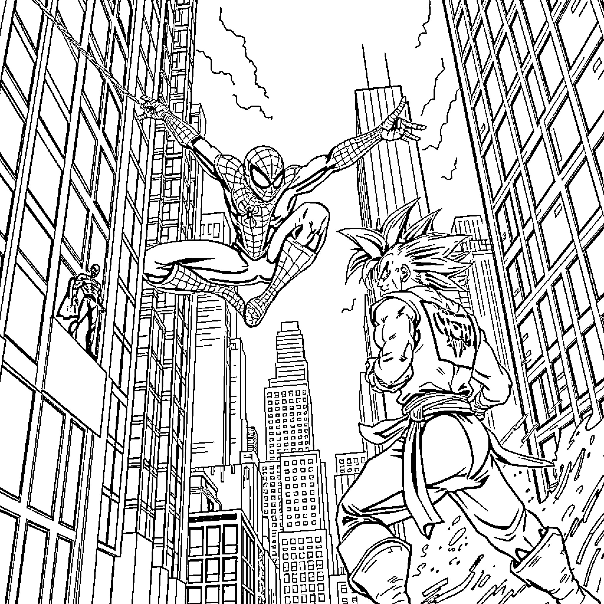 Spider hero battles villainous creature in urban scene Coloring Page (free black-and-white line drawing printable PDF for all, from beginners to advanced learners, including children, teens, adults, and seniors)