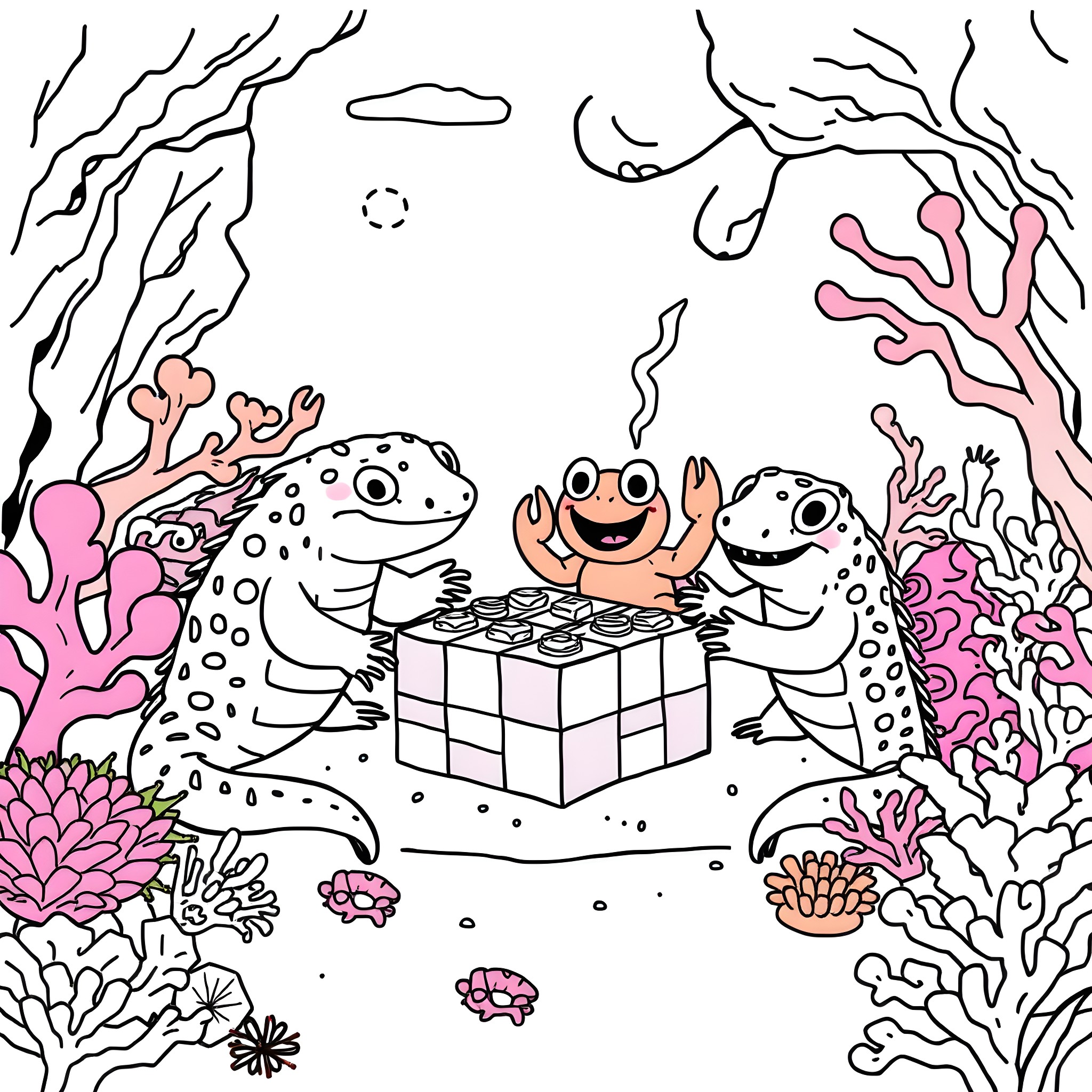 Axolotls playing a game under the sea Coloring Page (free black-and-white line drawing printable PDF for all, from beginners to advanced learners, including children, teens, adults, and seniors)