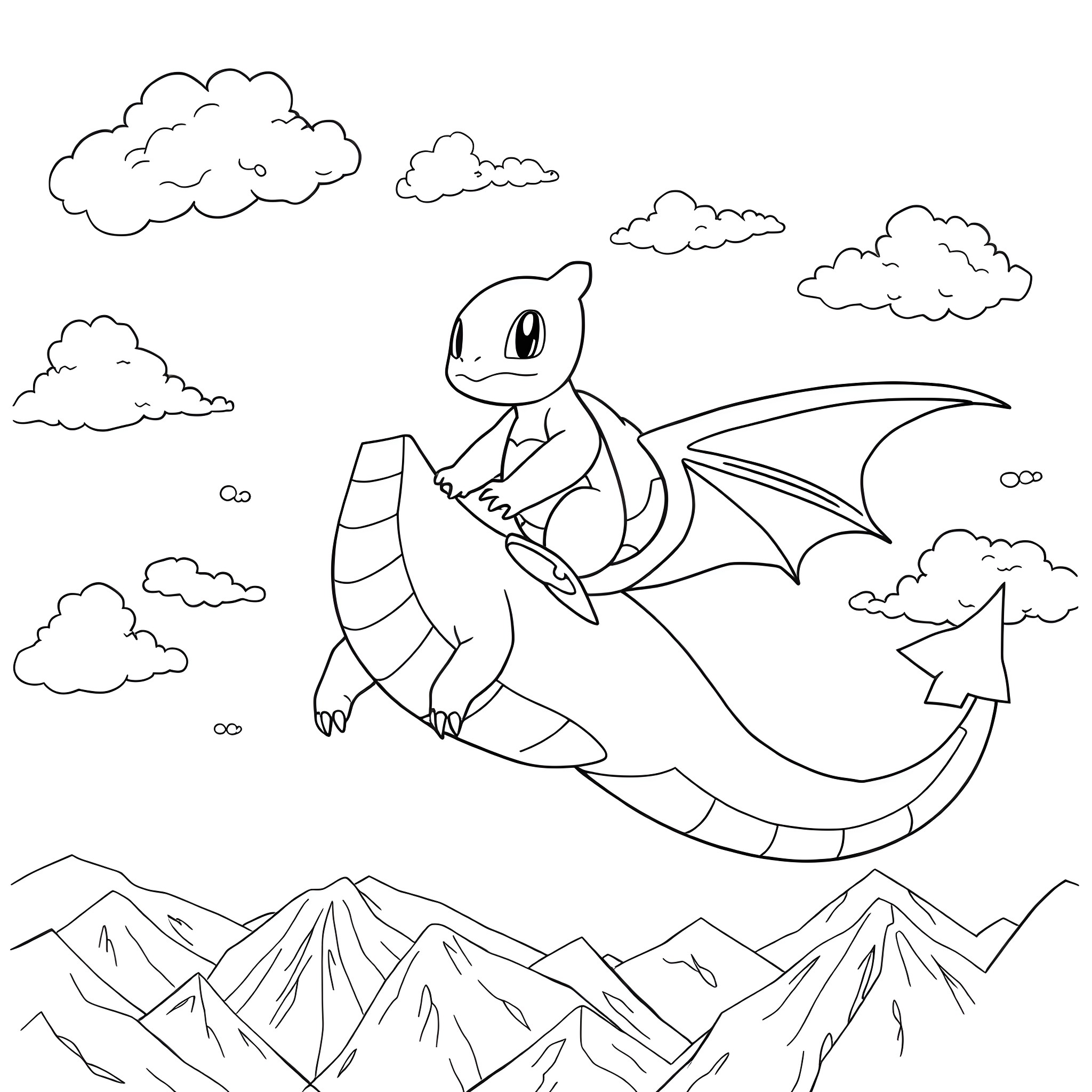 Squirtle flying through the sky with clouds Coloring Page (free black-and-white line drawing printable PDF for all, from beginners to advanced learners, including children, teens, adults, and seniors)