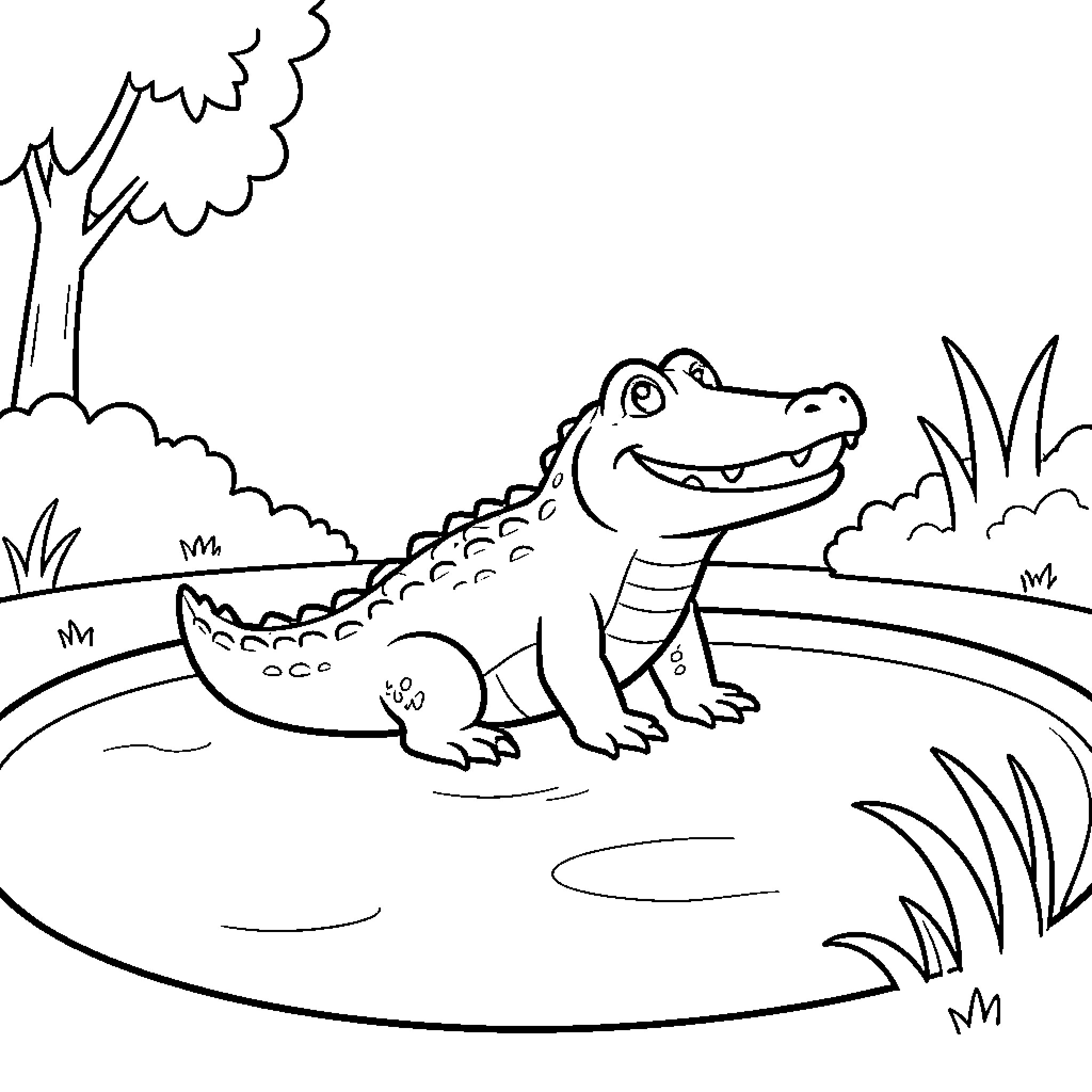 Alligator smiling happily near a small pond Coloring Page (free black-and-white line drawing printable PDF for all, from beginners to advanced learners, including children, teens, adults, and seniors)