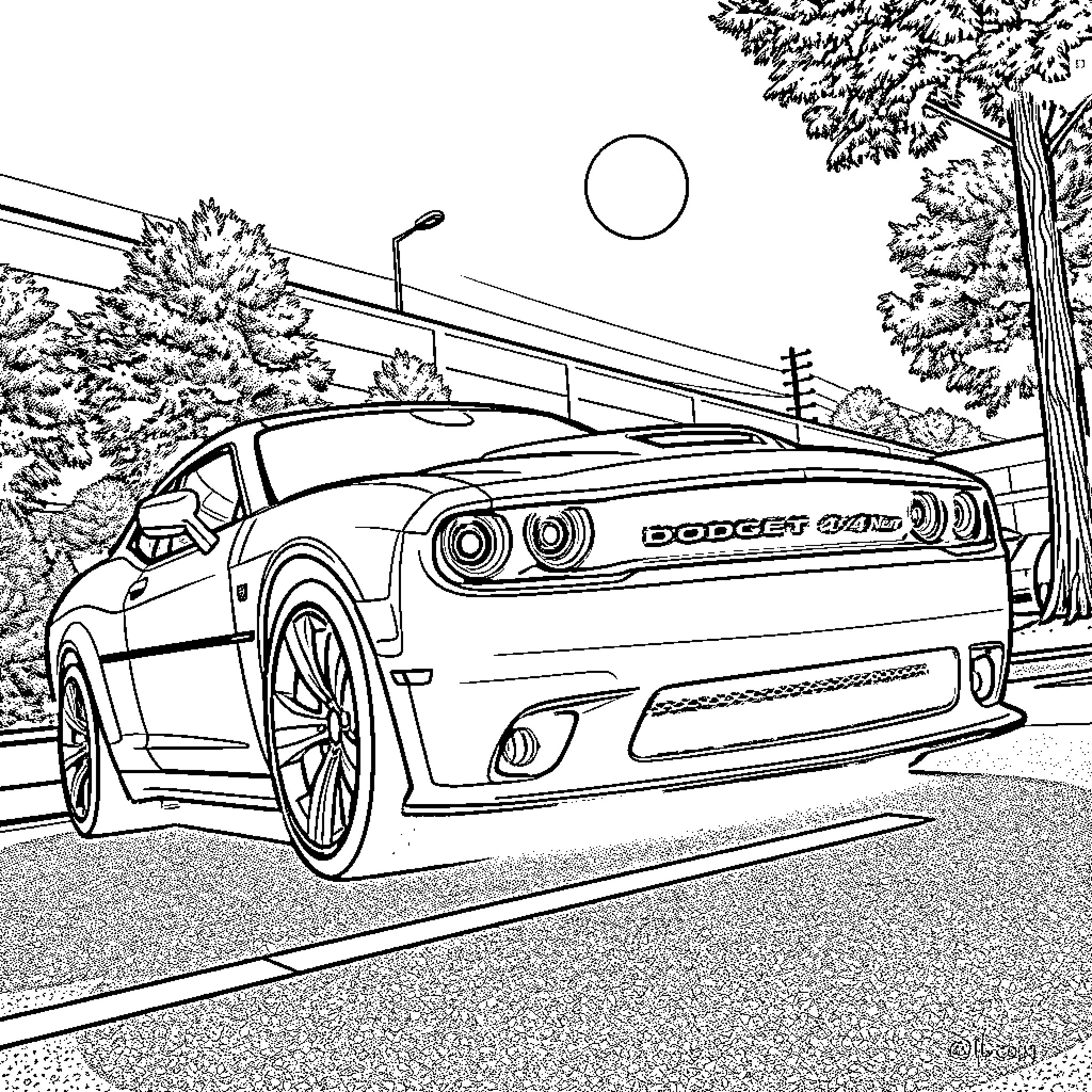 Dodge SRT4 speeding through the scenic neighborhood Coloring Page (free black-and-white line drawing printable PDF for all, from beginners to advanced learners, including children, teens, adults, and seniors)