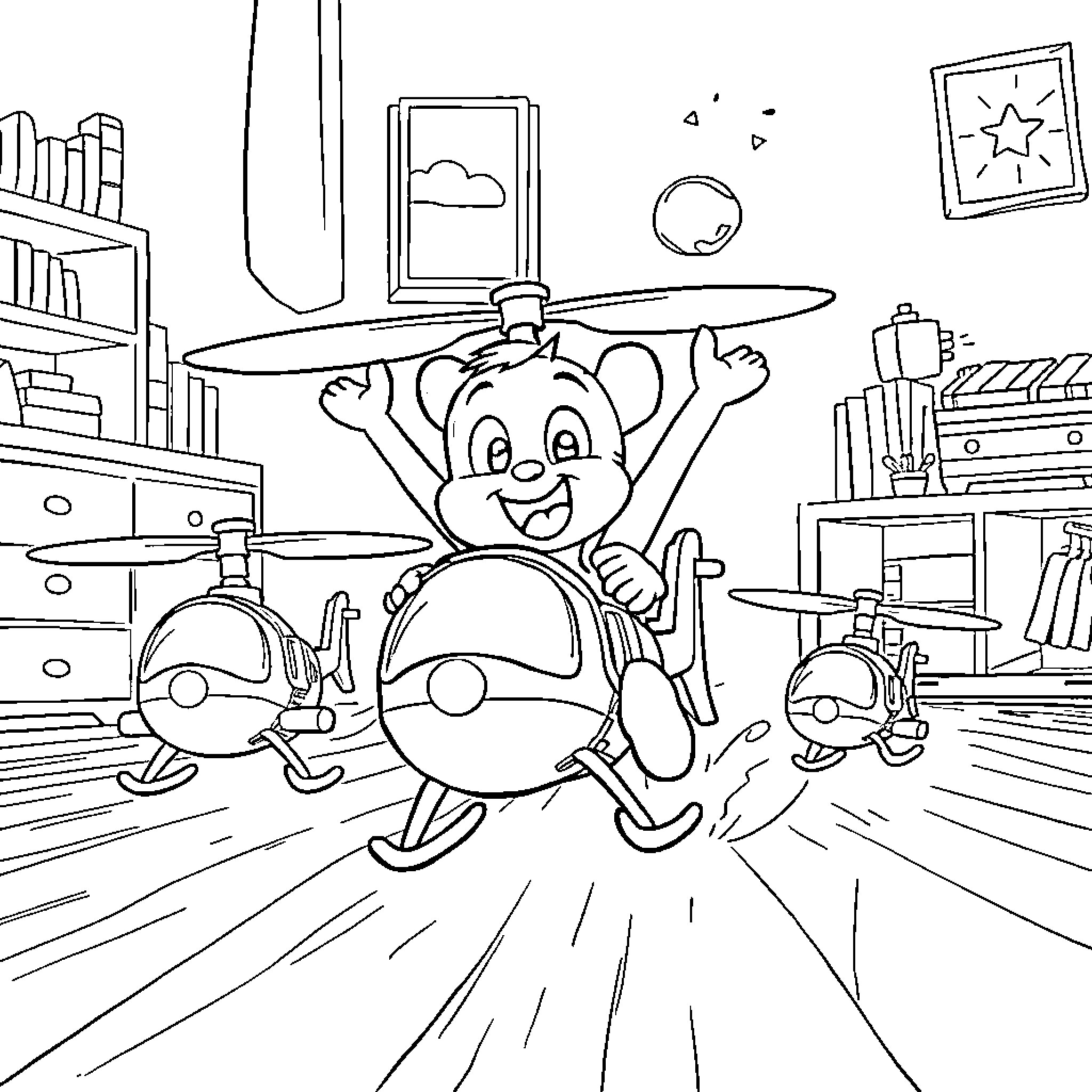 Helicopter carrying cheerful passenger in room Coloring Page (free black-and-white line drawing printable PDF for all, from beginners to advanced learners, including children, teens, adults, and seniors)