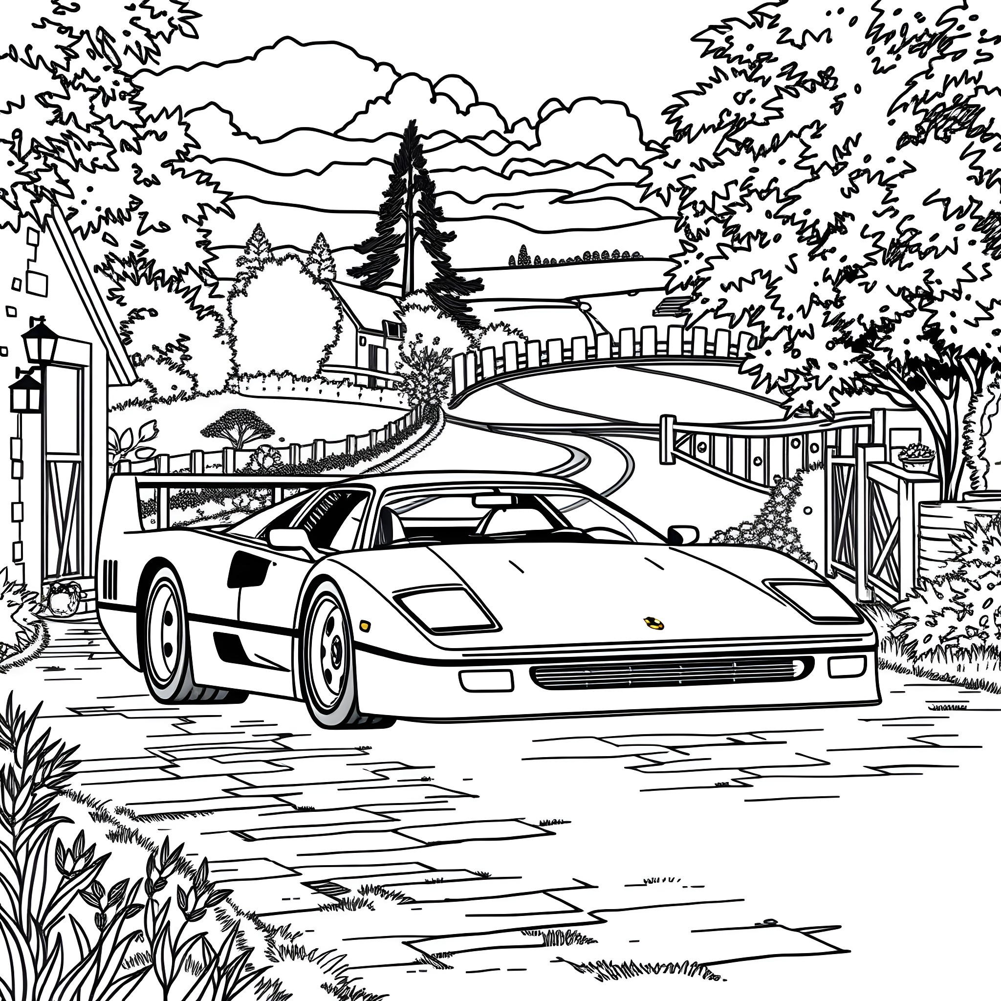 Ferrari Supercar Driving Through Scenic Countryside Coloring Page (free black-and-white line drawing printable PDF for all, from beginners to advanced learners, including children, teens, adults, and seniors)